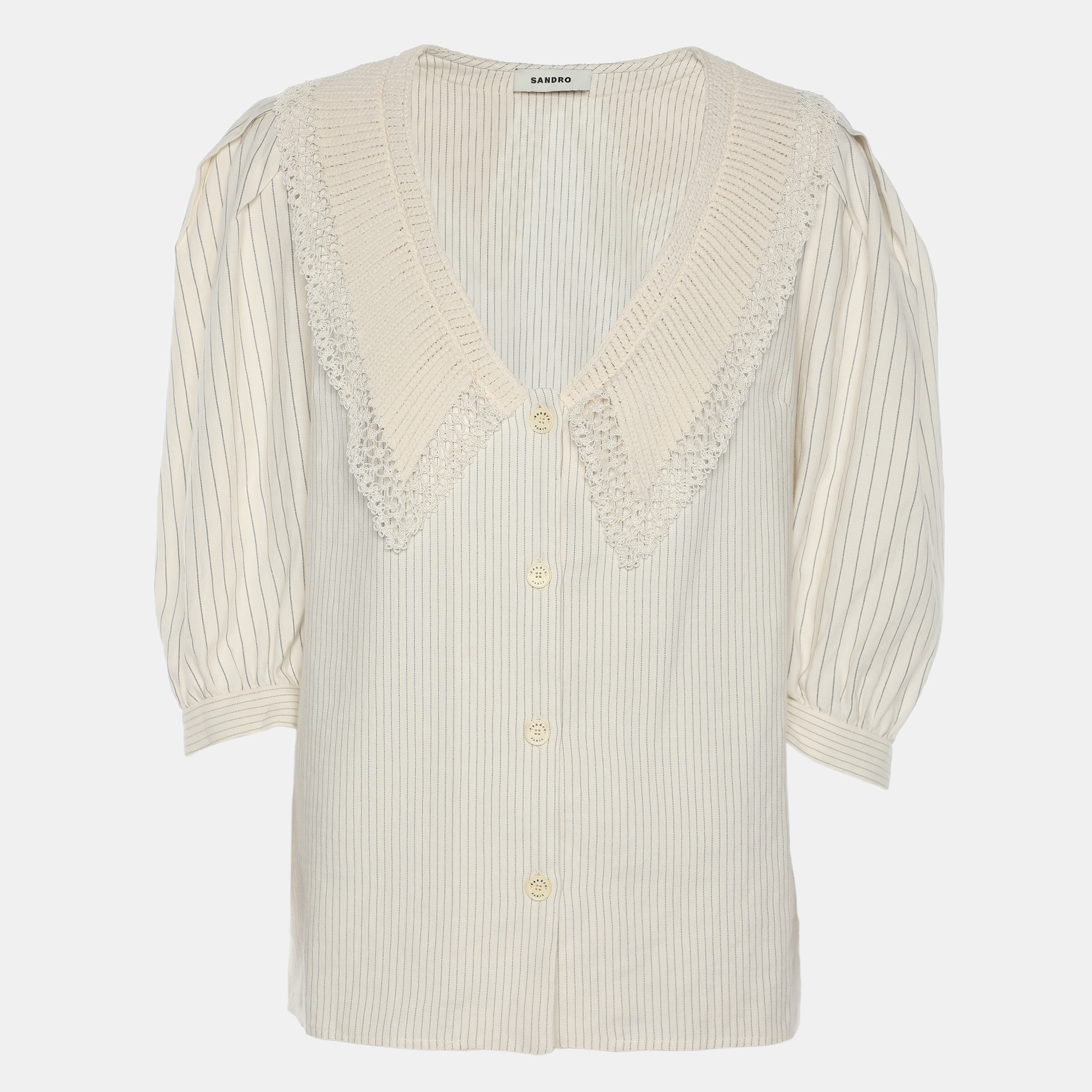 Pre-owned Sandro Cream Stripe Linen Blend Lace Trip Twill Blouse S In White