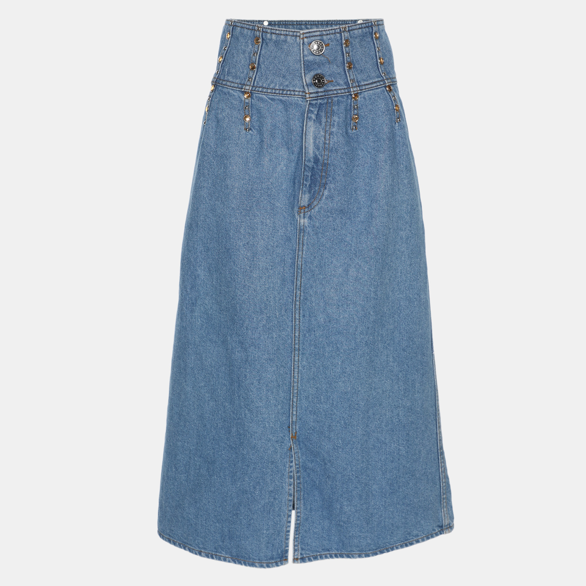 

Sandro Blue Denim Crystal Embellished Midi Skirt L