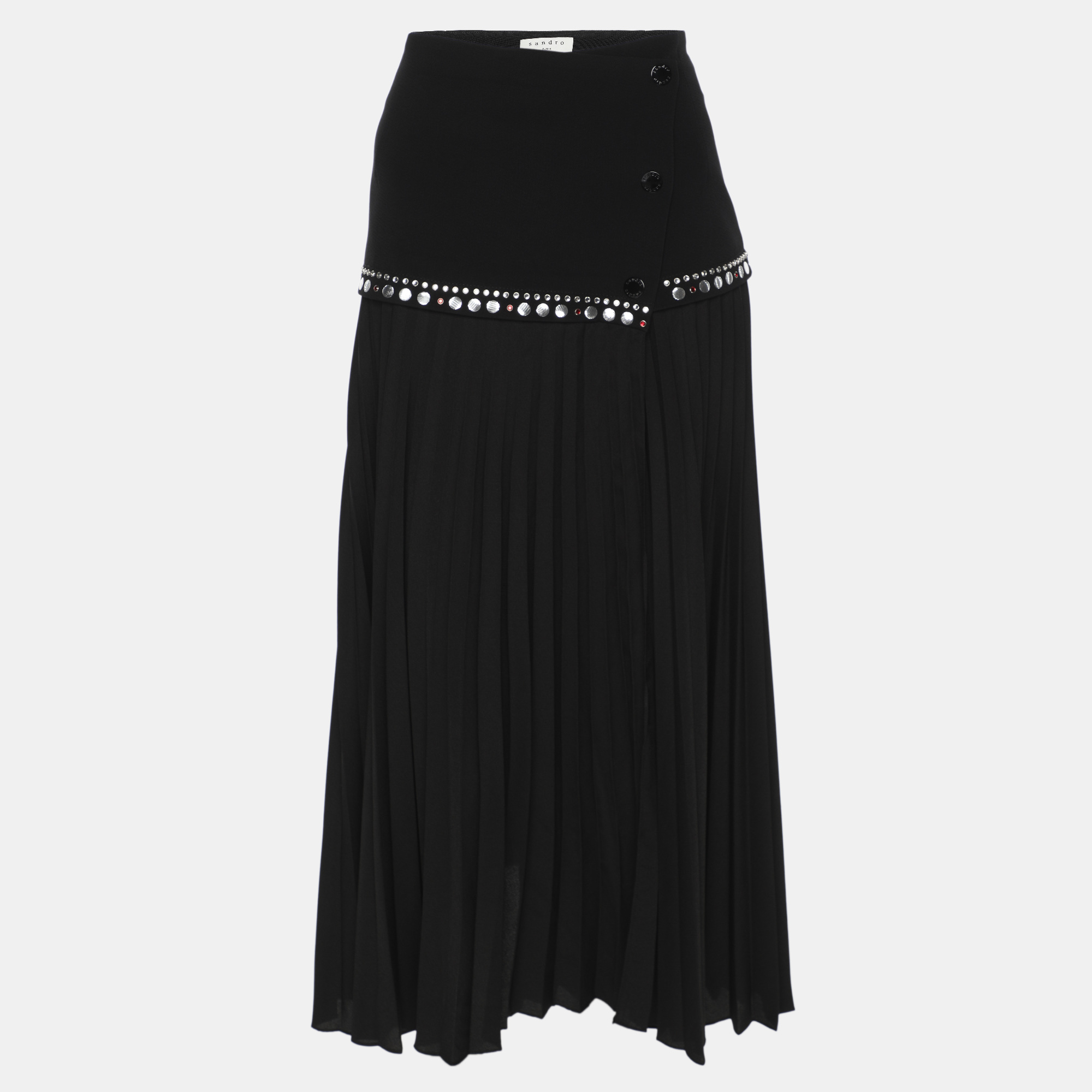 

Sandro Black Crepe Fabric Embellished Pleated Midi Skirt L