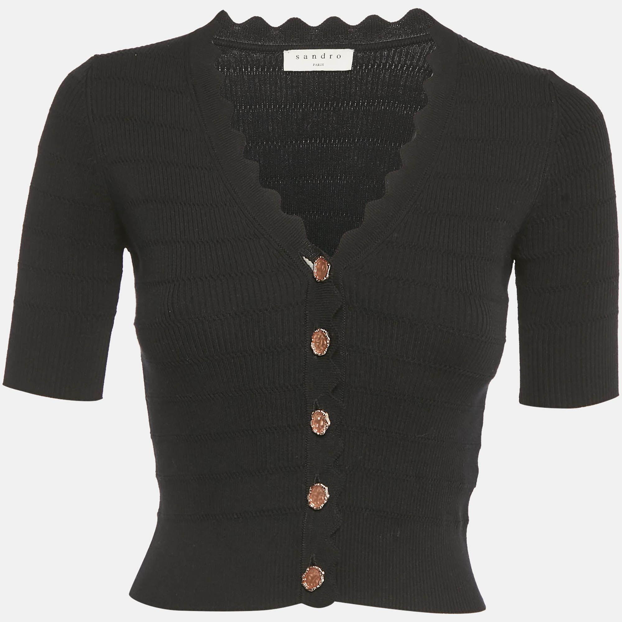 Pre-owned Sandro Black Rib Knit Button Front Cardigan Top S
