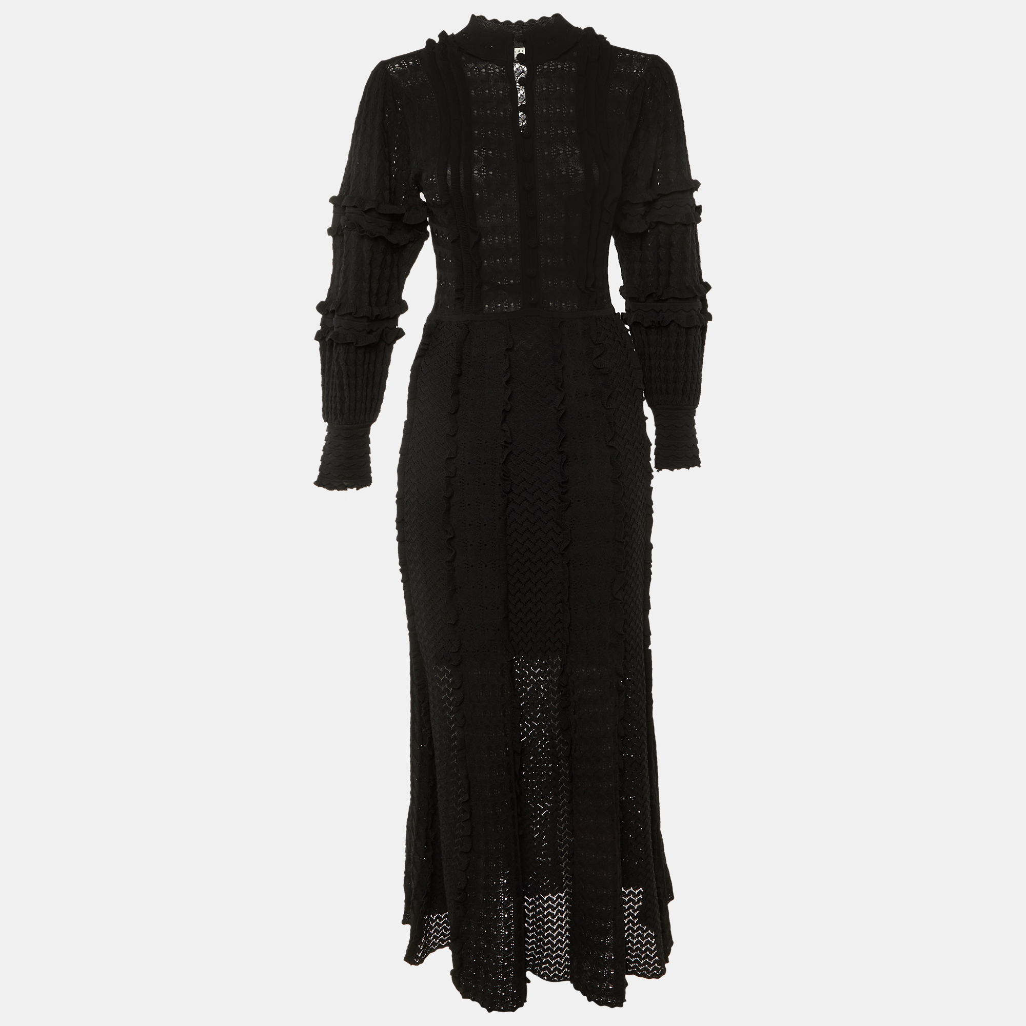 

Sandro Black Pointelle Knit Johanne Ruffled Long Dress S