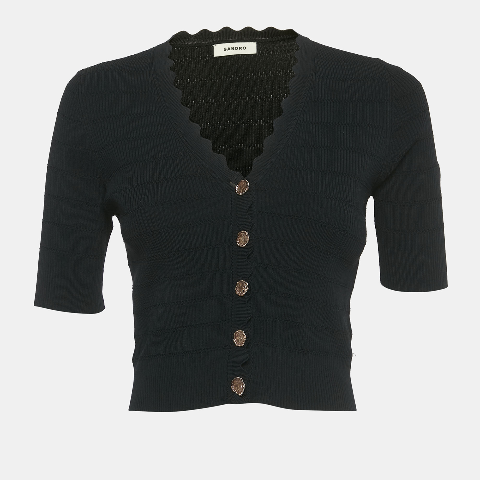 Pre-owned Sandro Black Rib Knit Button Front Cardigan Top M
