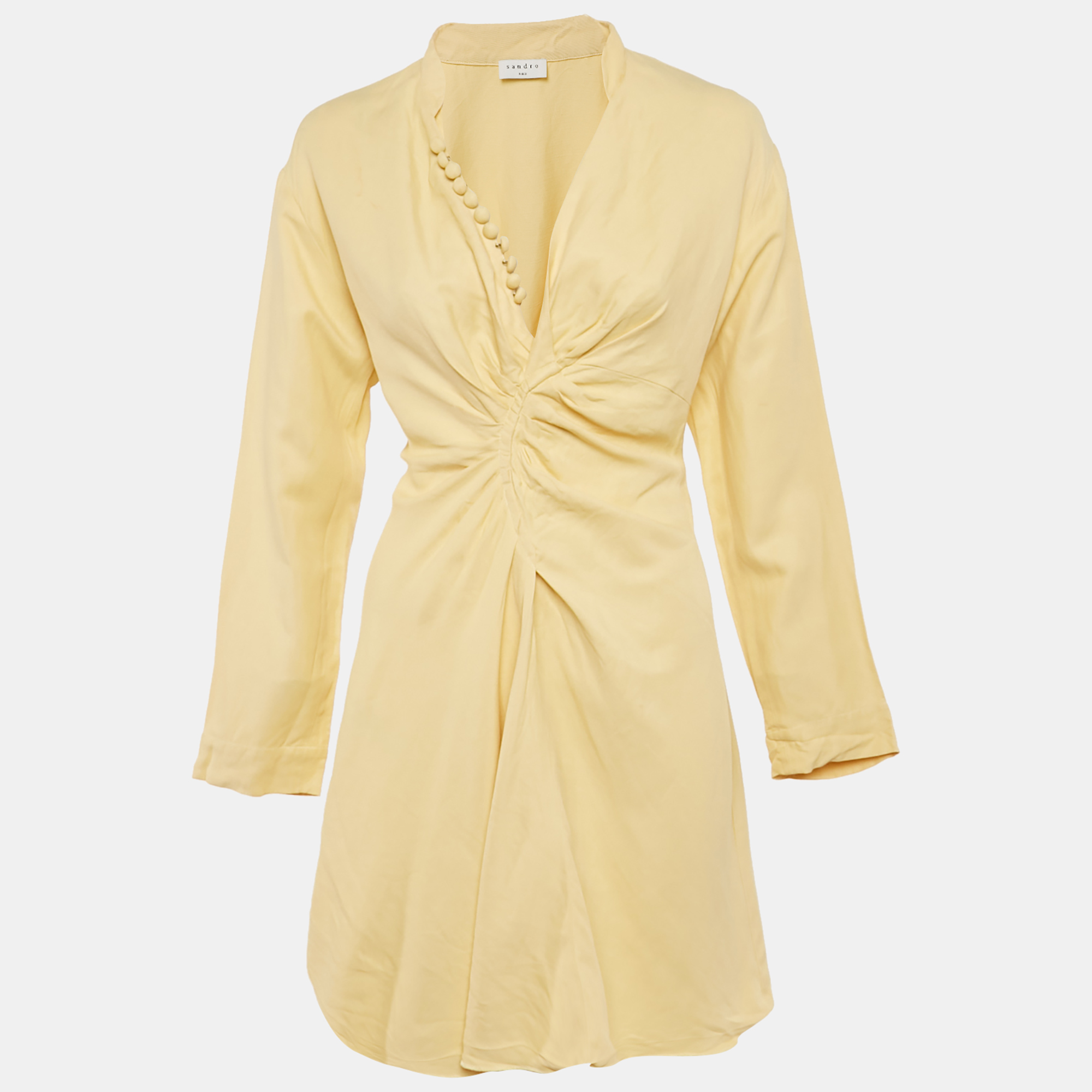 Sandro Yellow Crepe Gathered Mini Dress XS