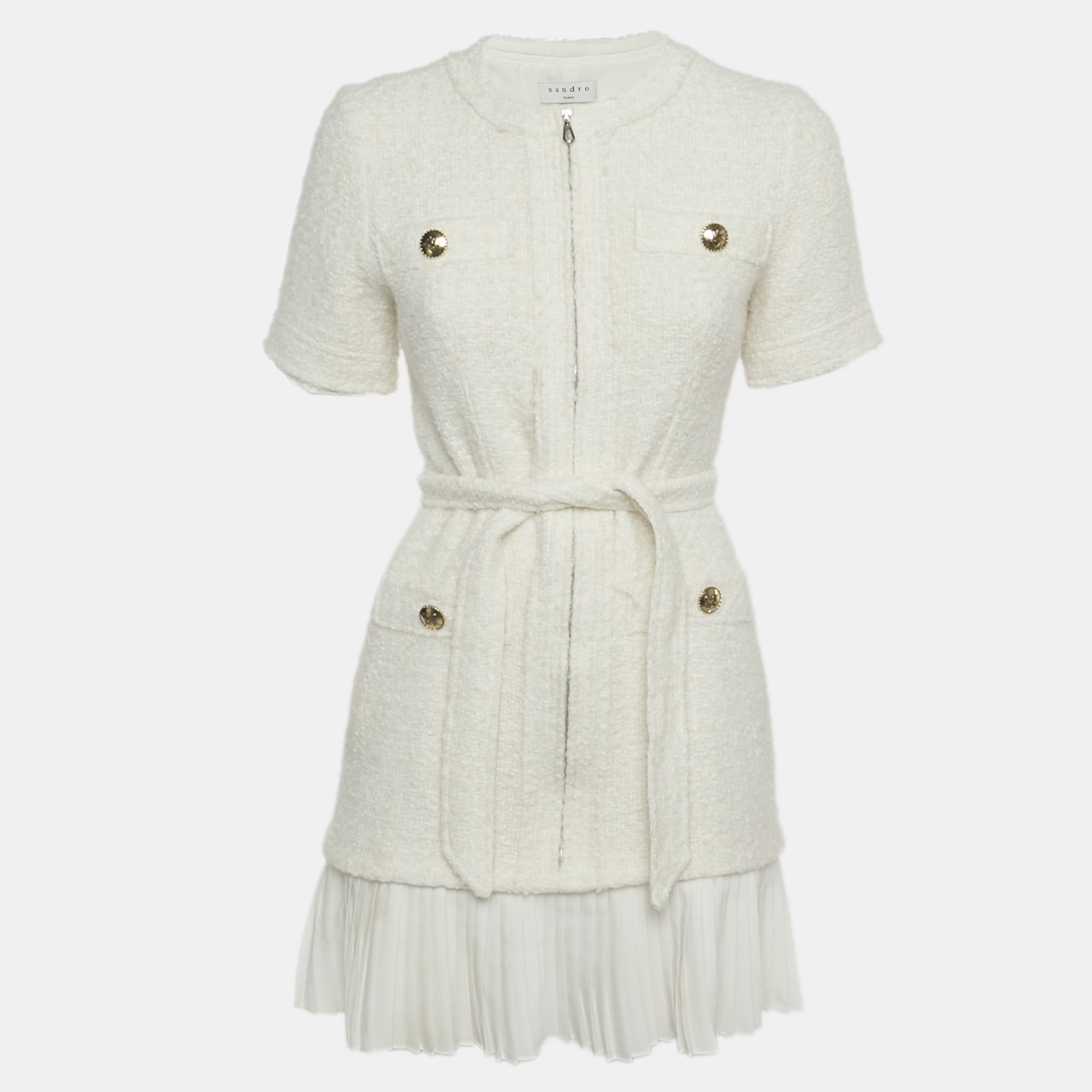 

Sandro White Tweed & Plisse Mini Coat Dress S