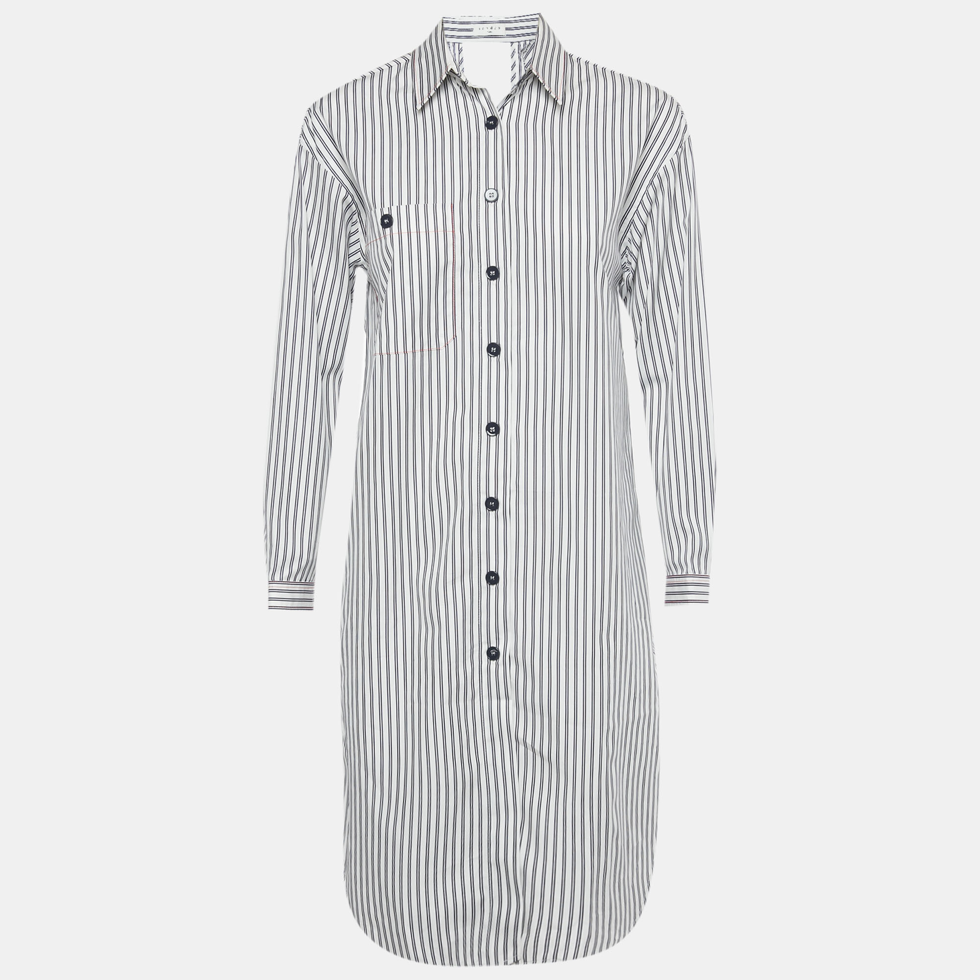 

Sandro White Striped Cotton Backless Shirt Dress S