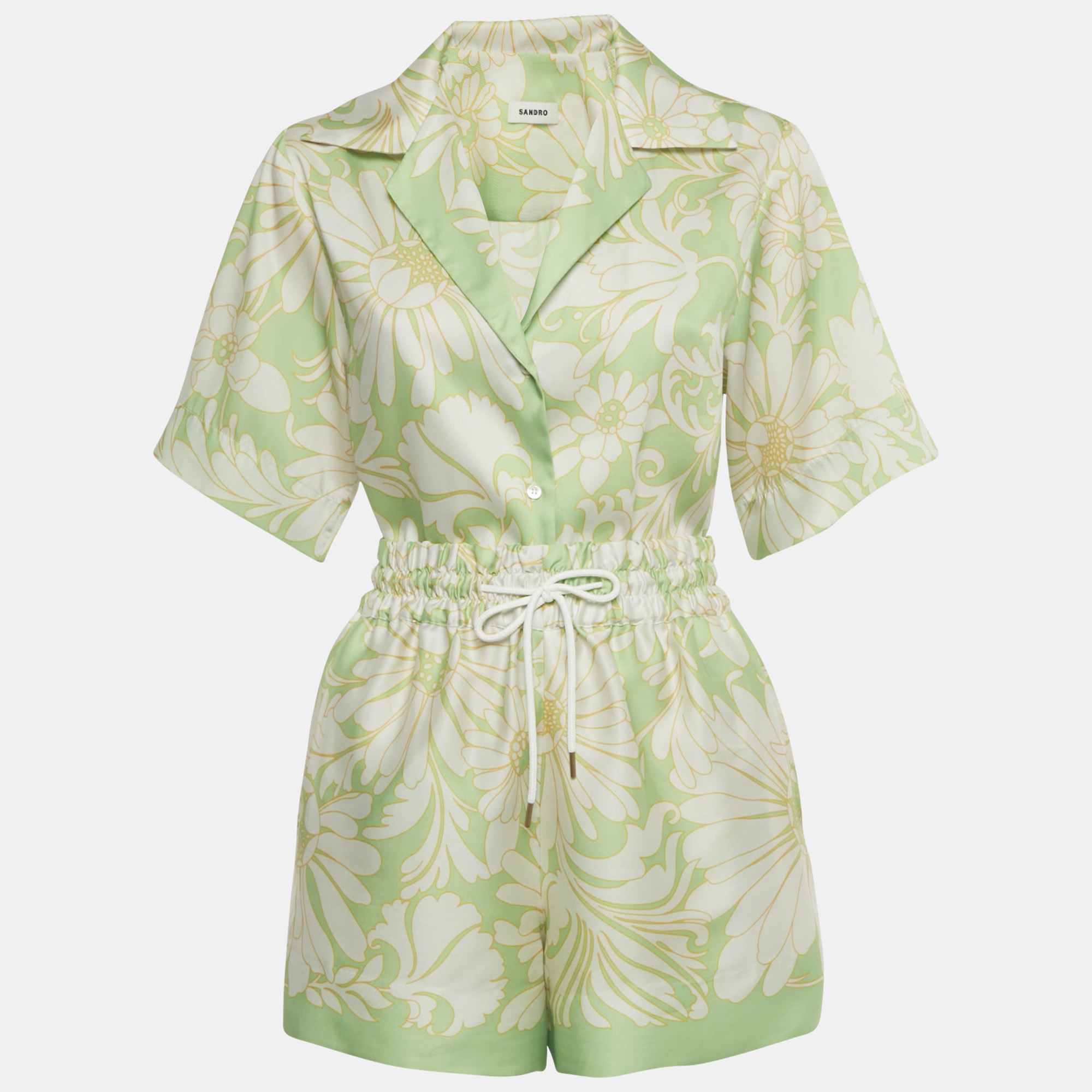 Pre-owned Sandro Green Floral Print Satin Top & Shorts Set Xs