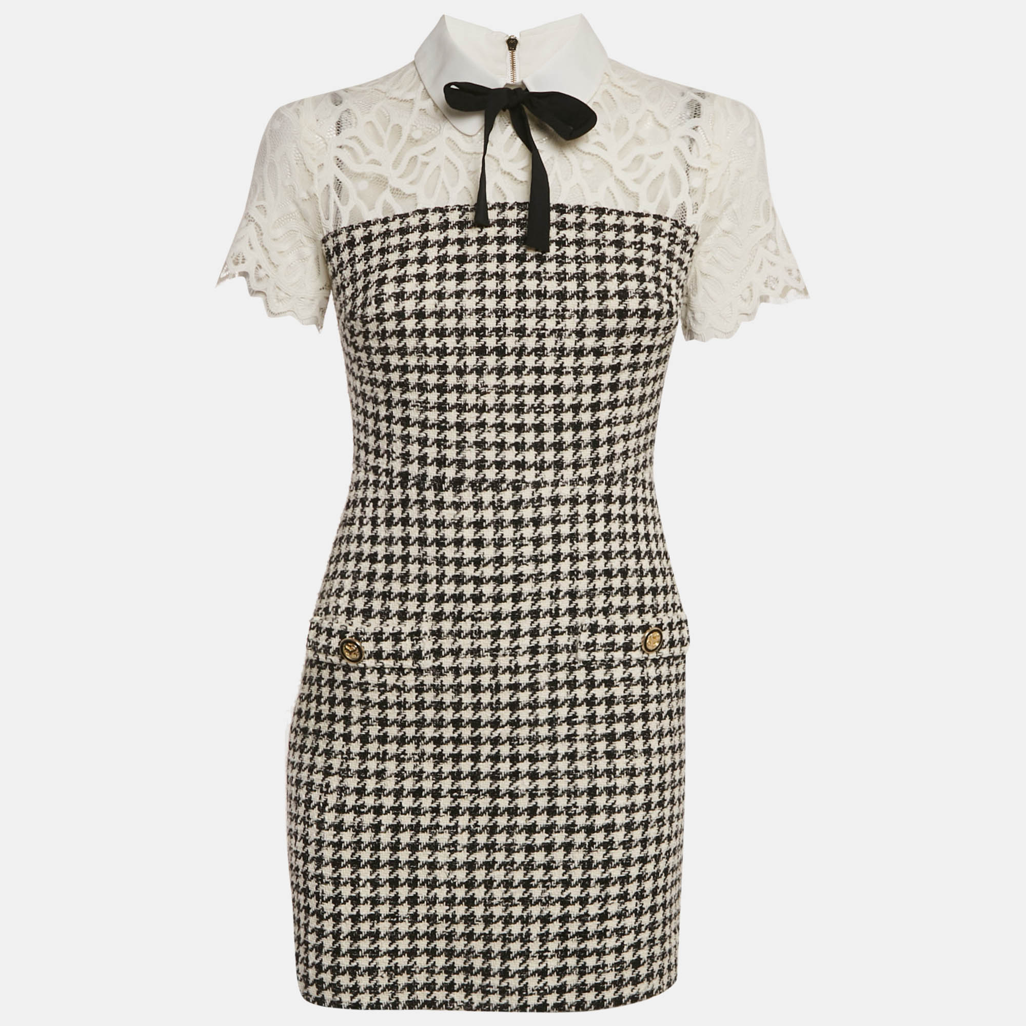 

Sandro Monochrome Tweed & Lace Collared Mini Dress S, White