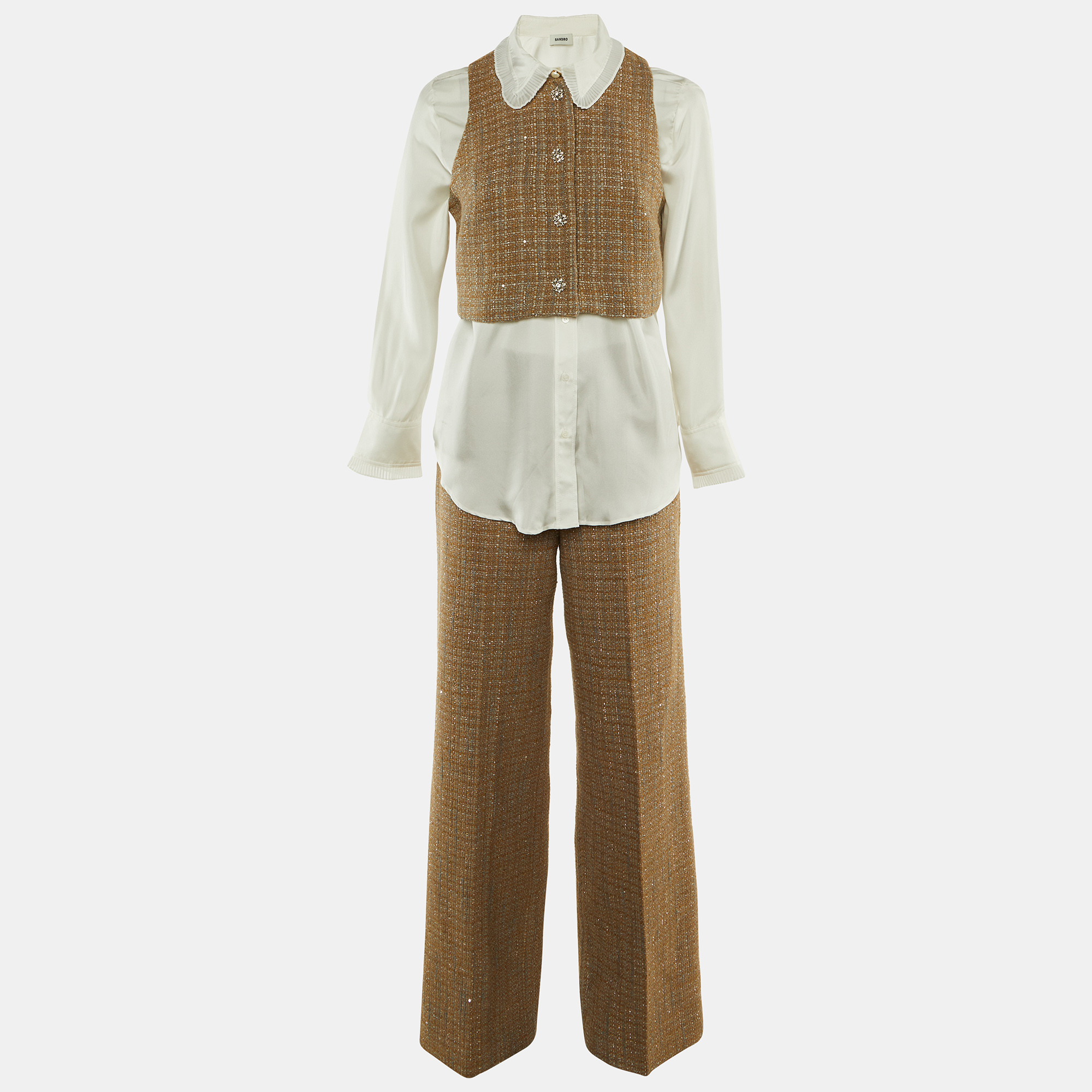 

Sandro Beige Tweed & White Satin Shirt , Vest & Pants Set S