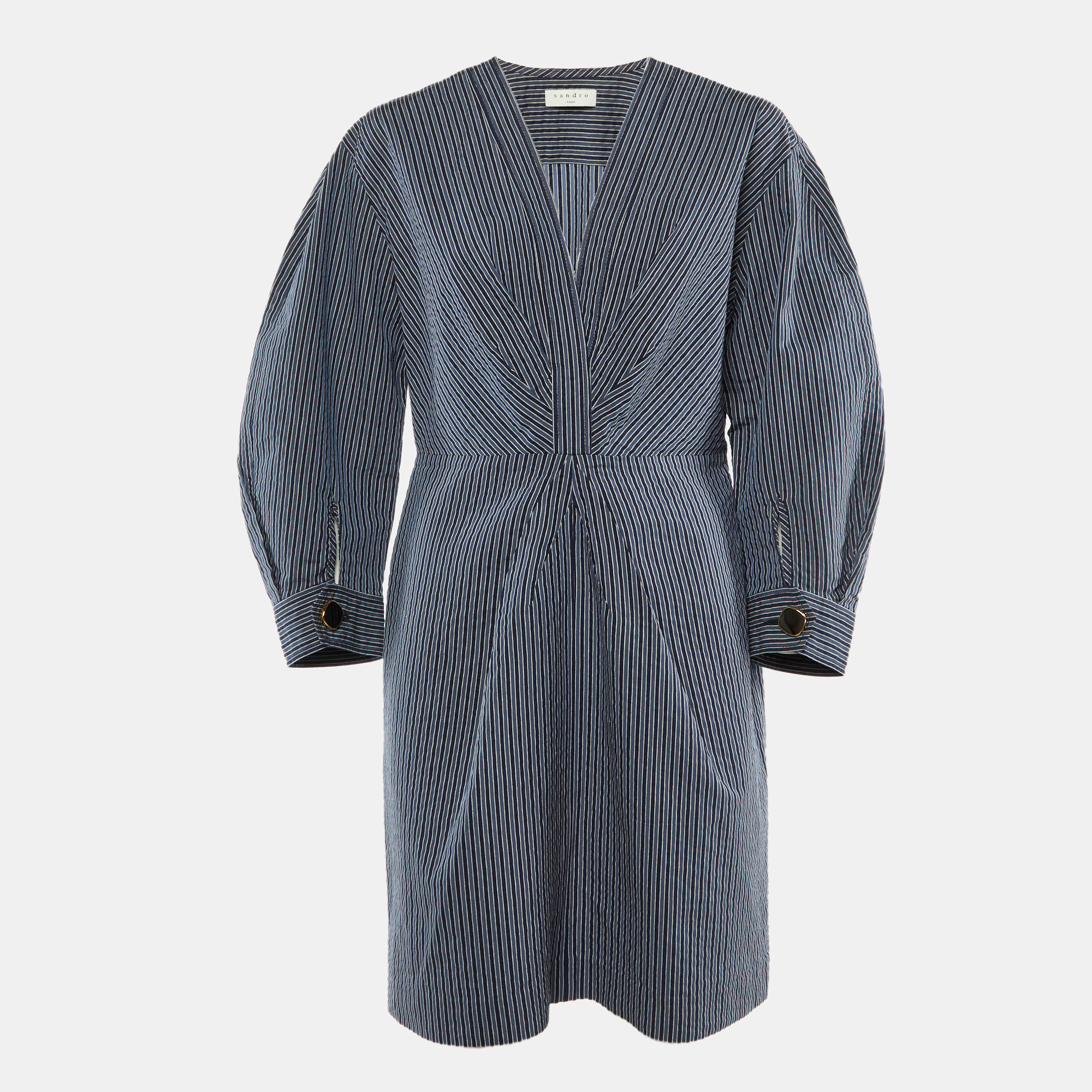 

Sandro Navy Blue Striped Cotton Blend Plunge Neck Mini Dress XL