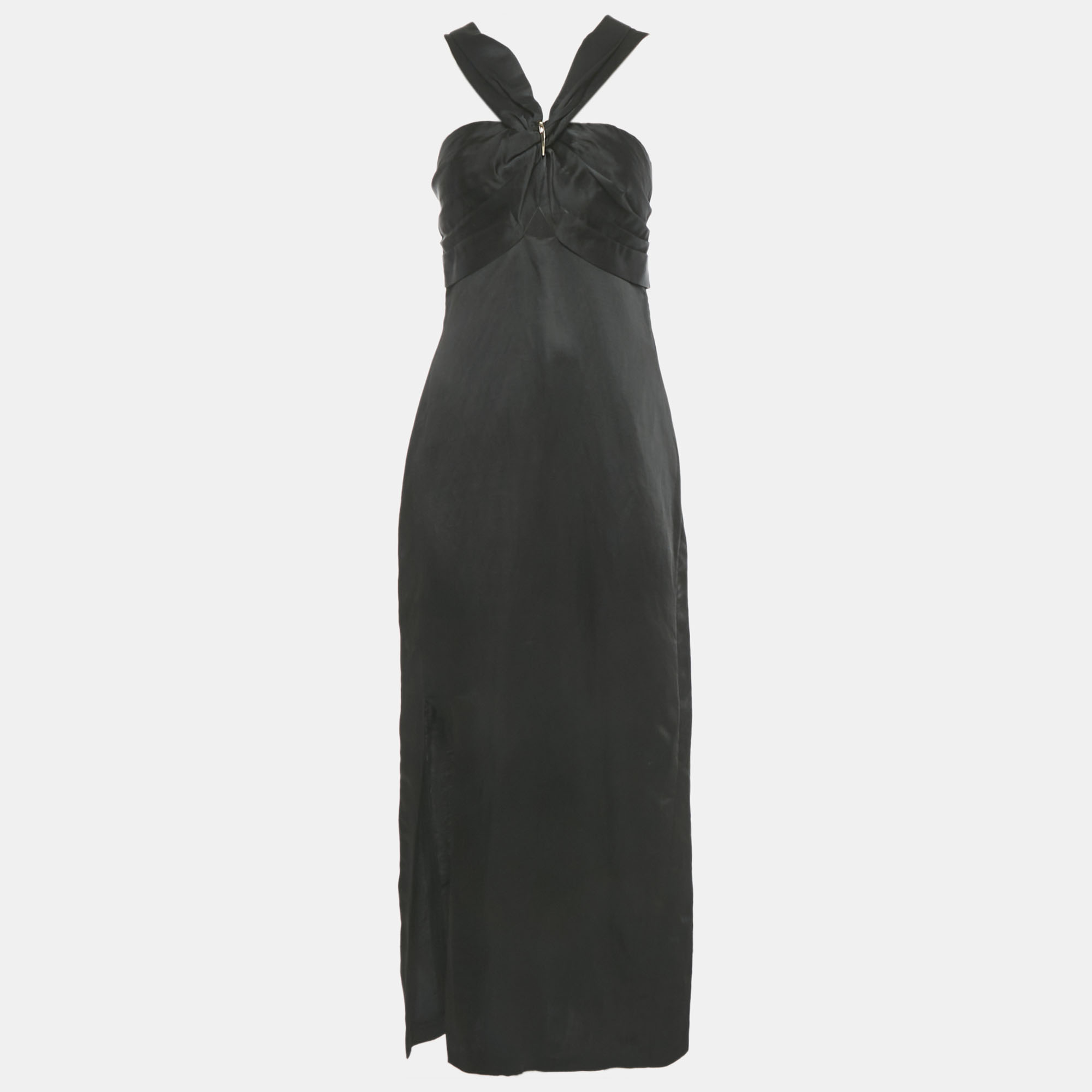 Pre-owned Sandro Black Satin & Linen V-neck Cut Out Slit Maxi Dress S
