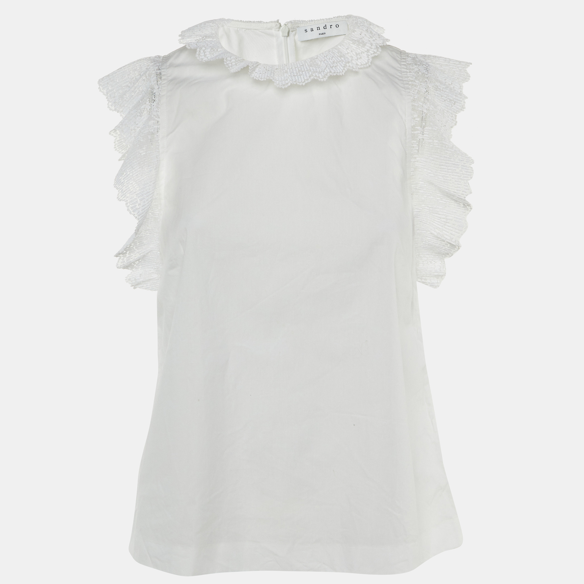 Pre-owned Sandro White Cotton Ruffled High Neck Top S