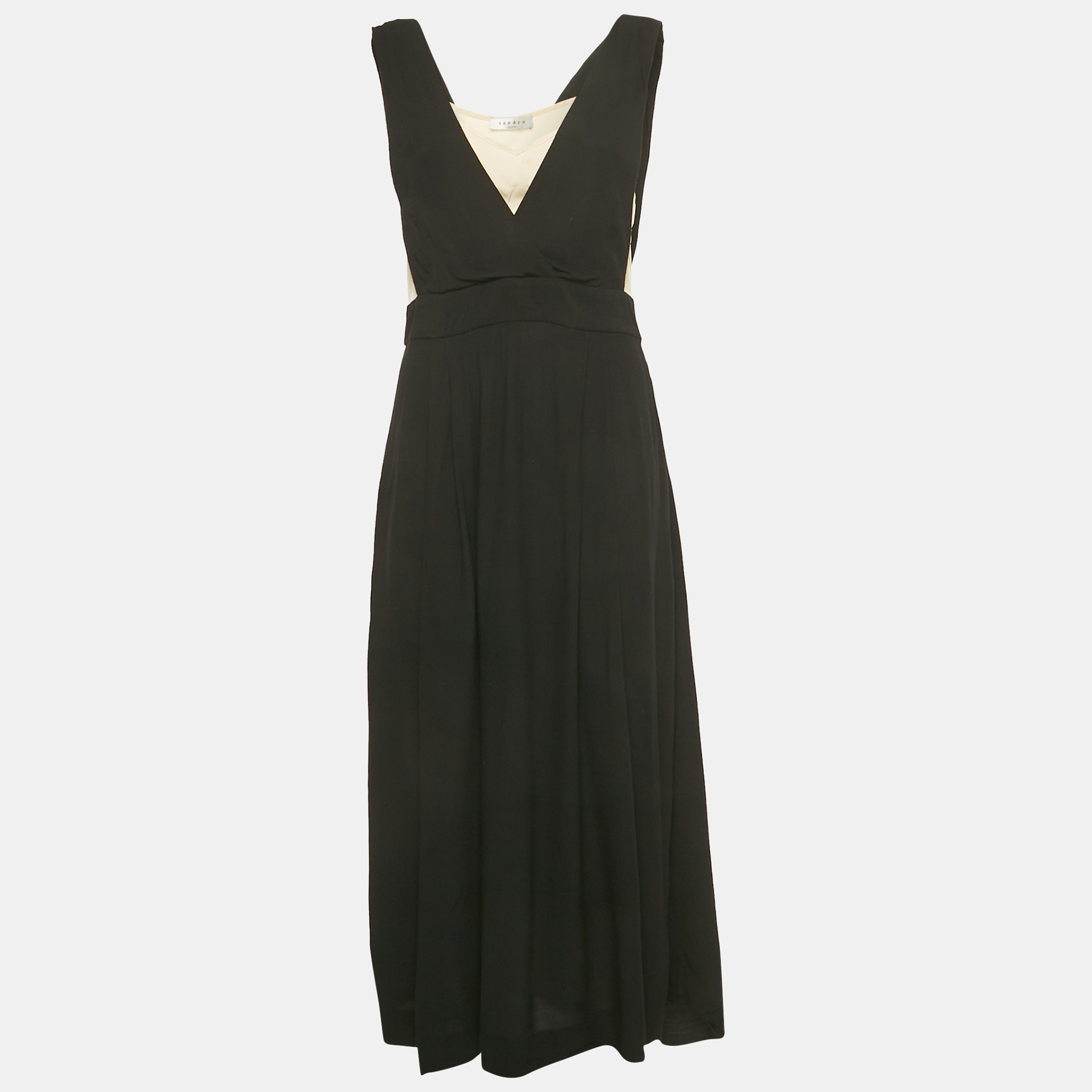 Pre-owned Sandro Black /beige Crepe Sleeveless Midi Dress L