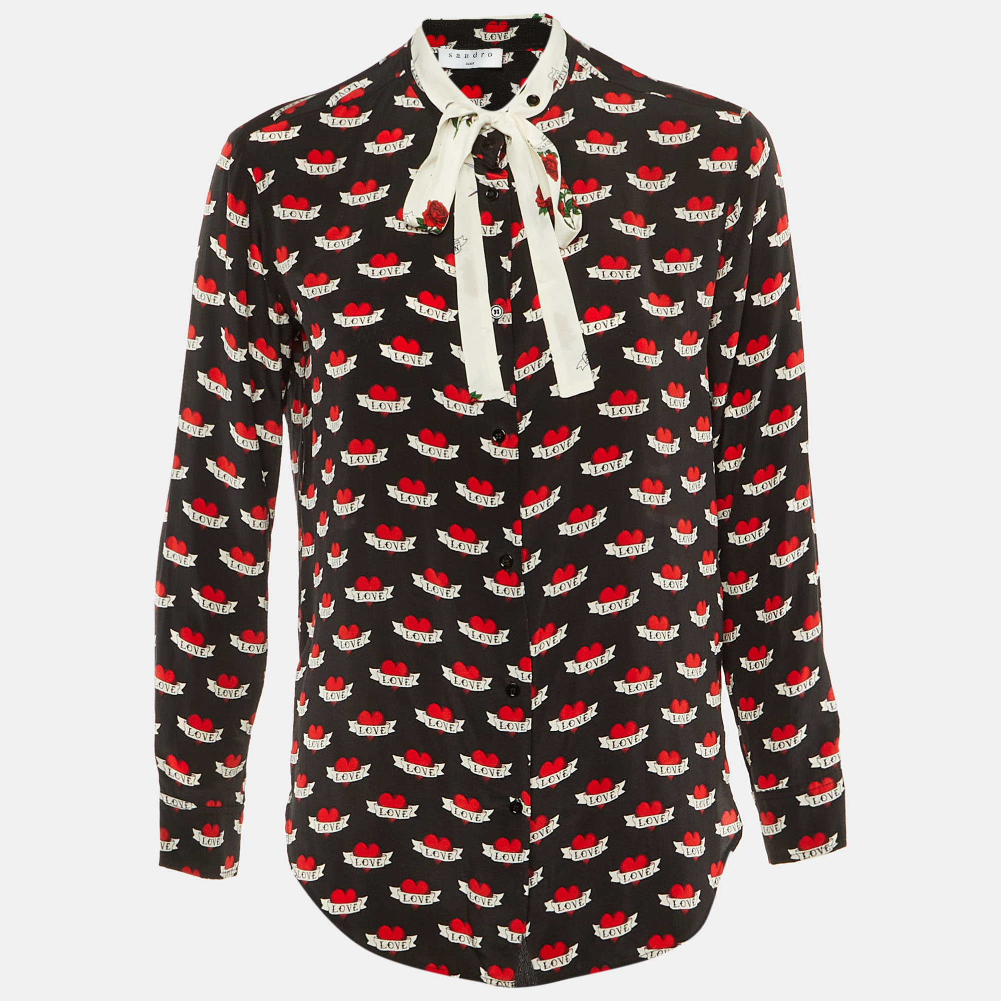 Pre-owned Sandro Black Love Print Silk Tie Neck Blouse M