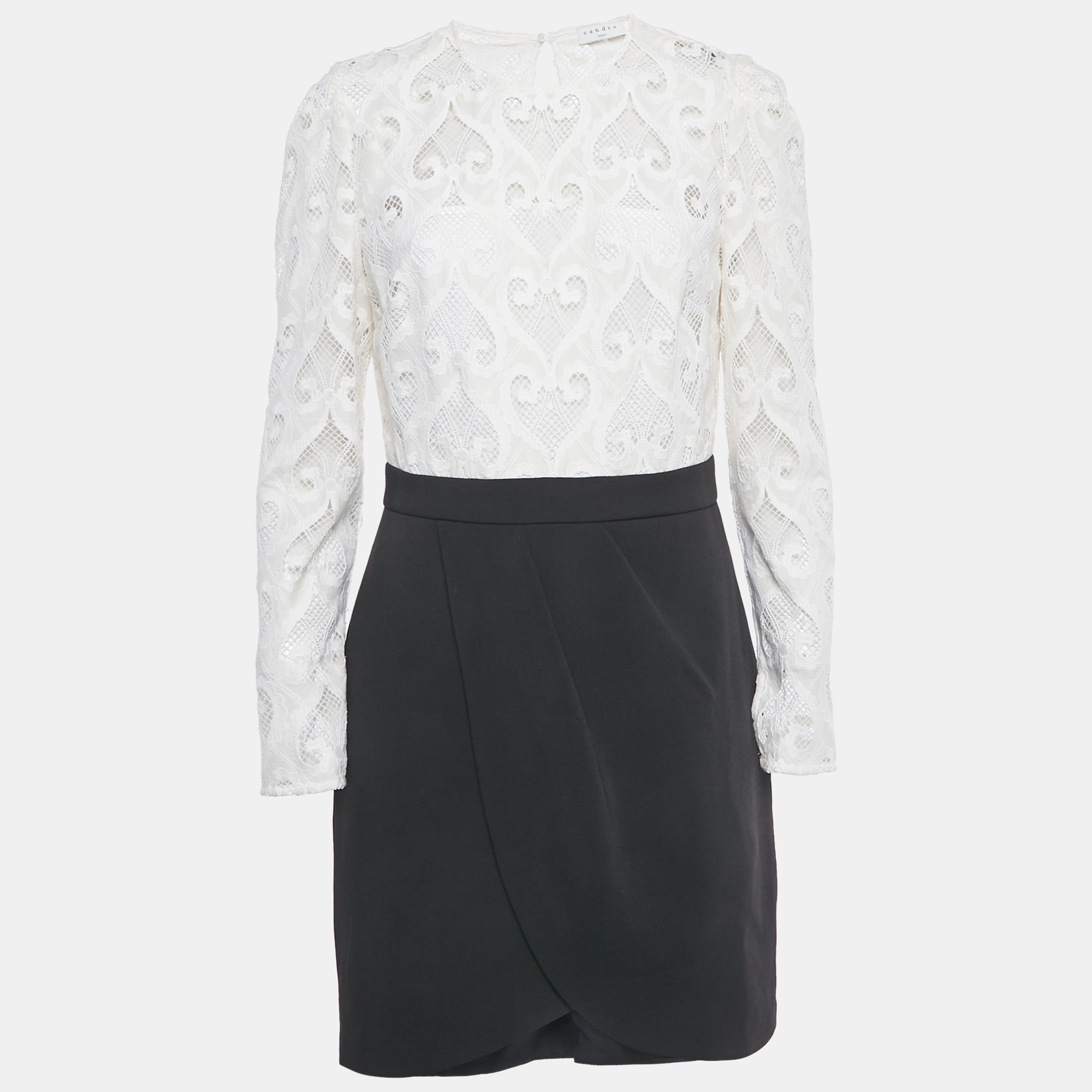 Pre-owned Sandro White/black Lace Camelia Mini Dress L