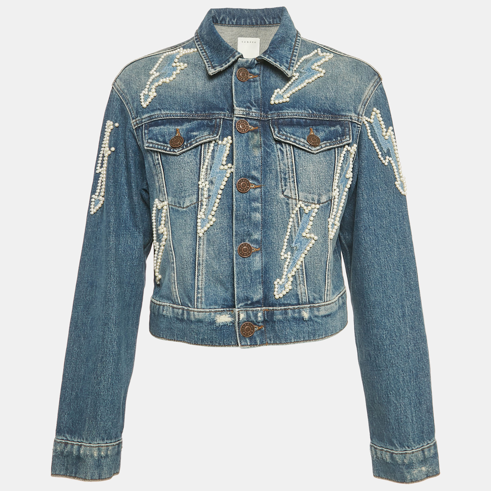 Pre-owned Sandro Blue Beaded Denim Jacket M