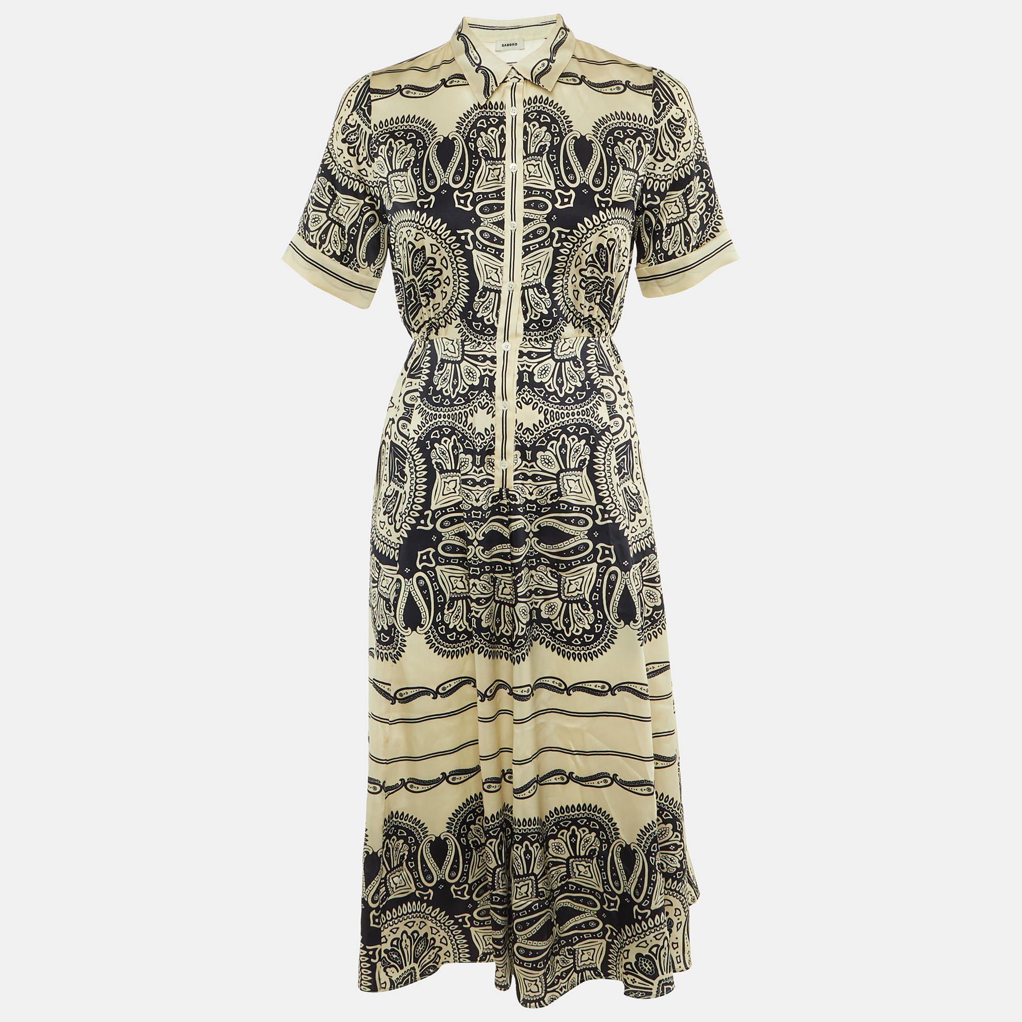 Pre-owned Sandro Cream /navy Blue Paisley Print Satin Midi Dress S In White