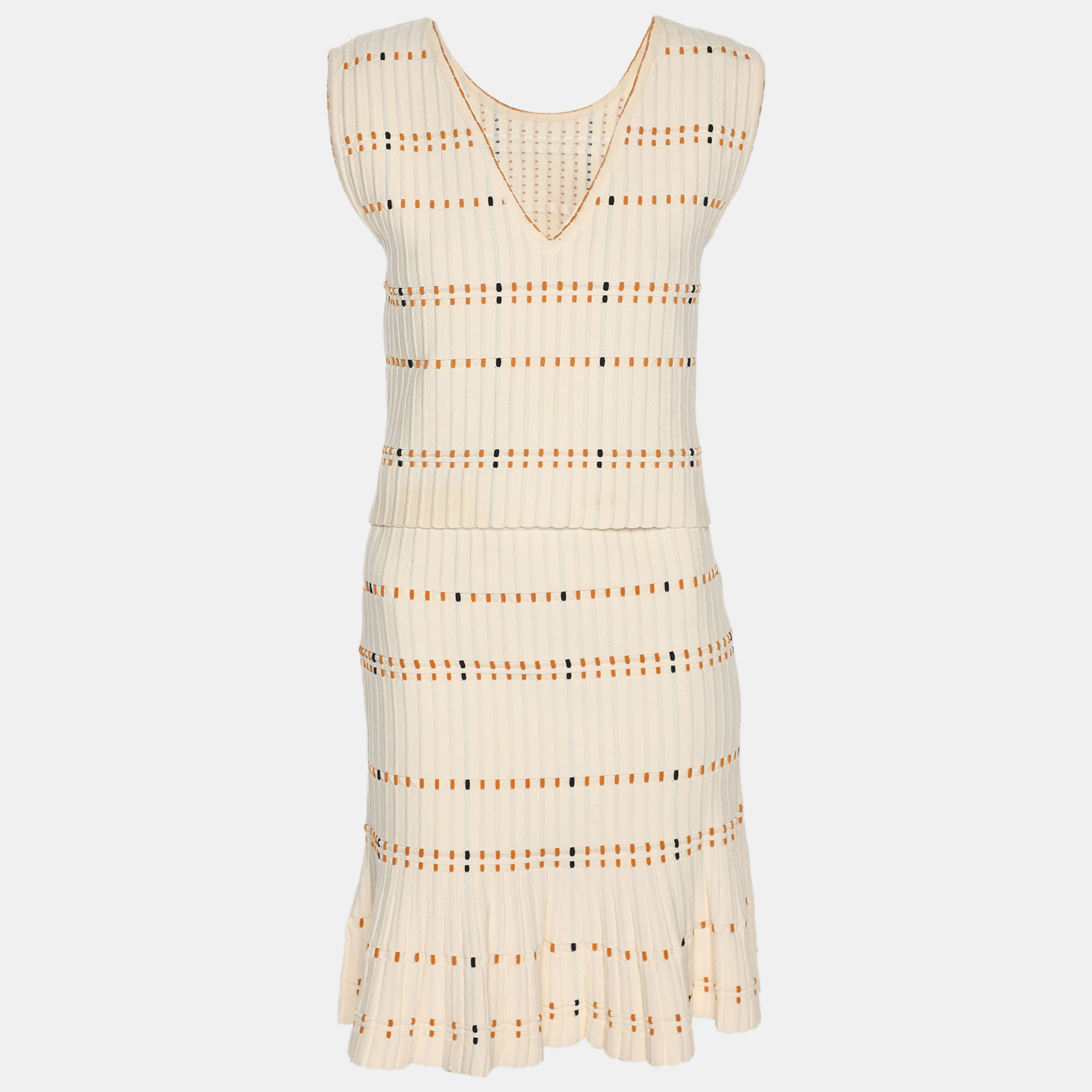 Pre-owned Sandro Cream Striped Rib Knit Top And Mini Skirt Set S In White