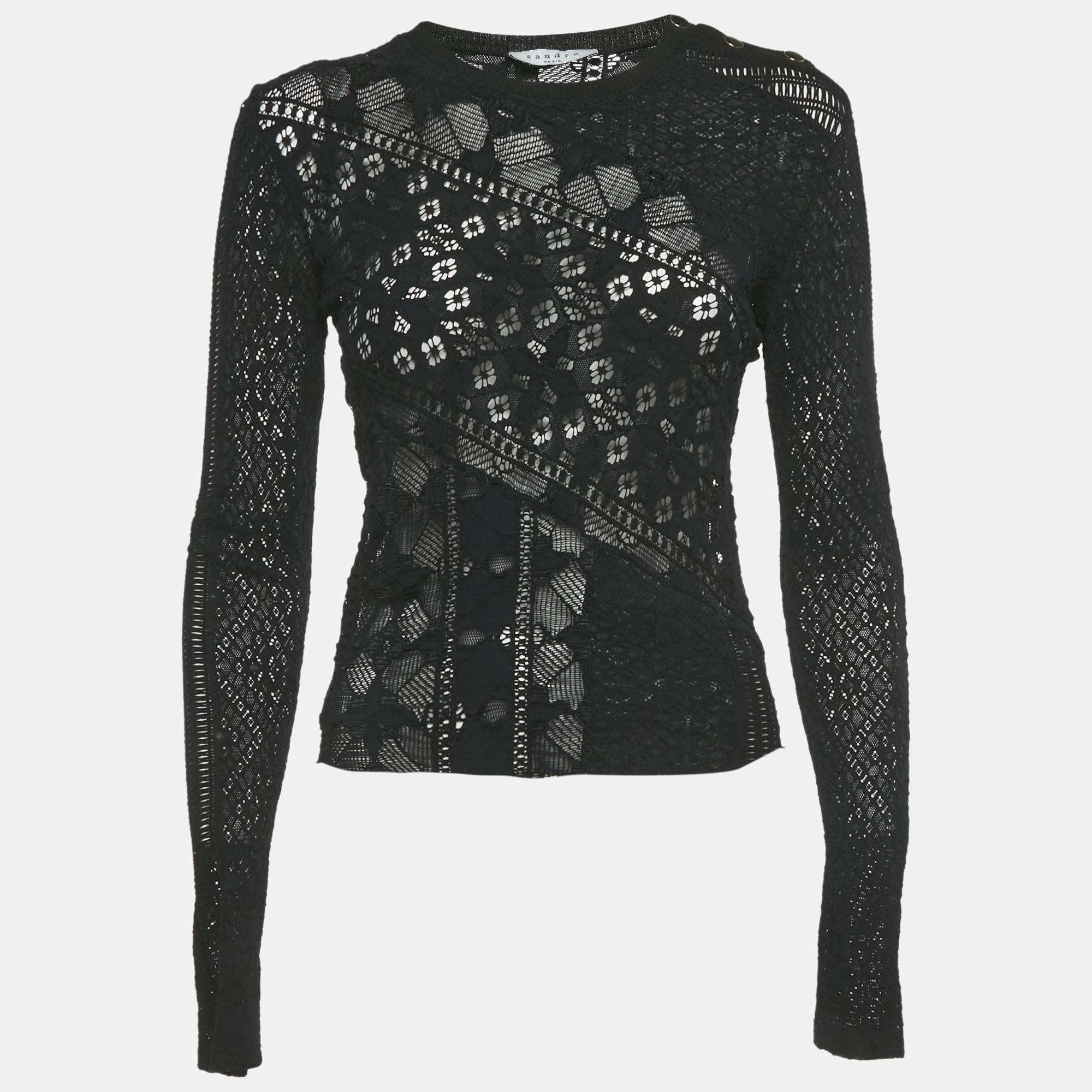 Pre-owned Sandro Black Stretch Lace Sheer Top M