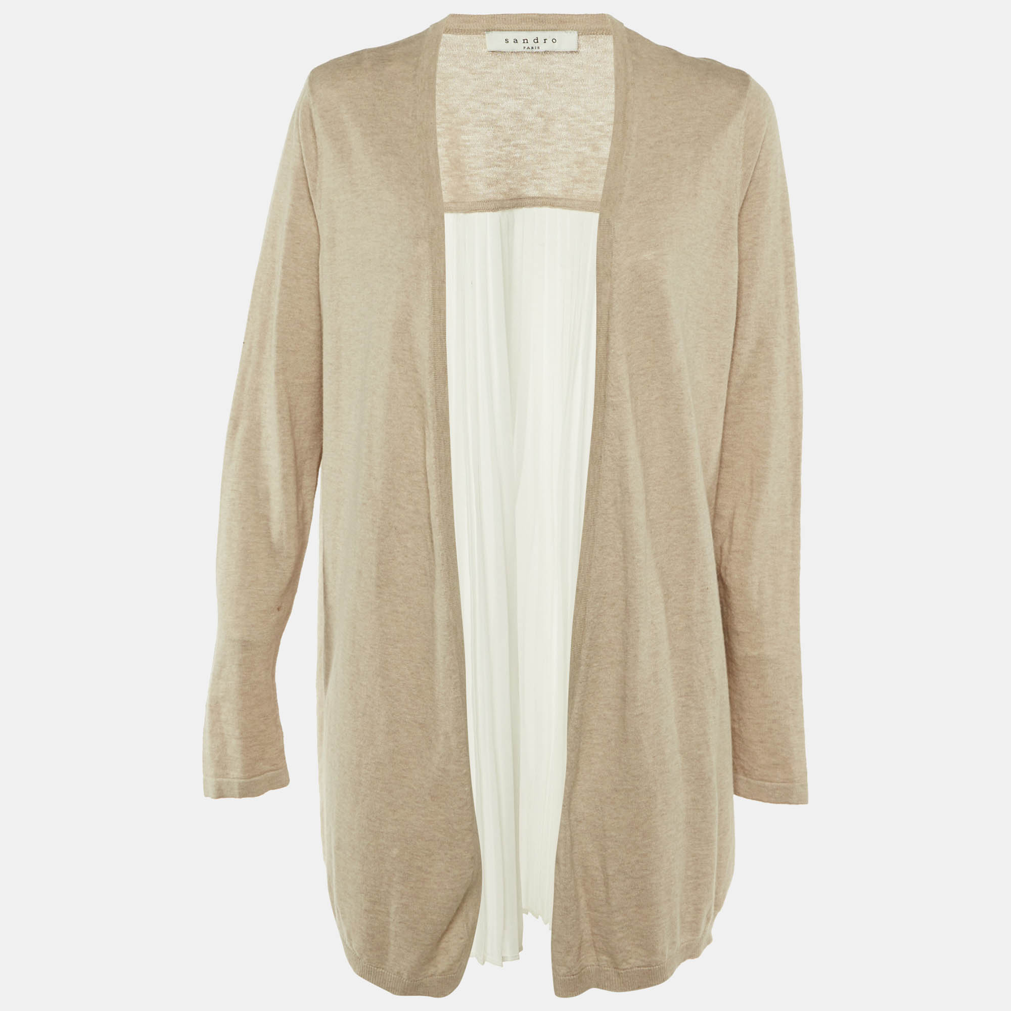 Pre-owned Sandro Beige Knit & Crepe Pleated Cardigan M In Sand