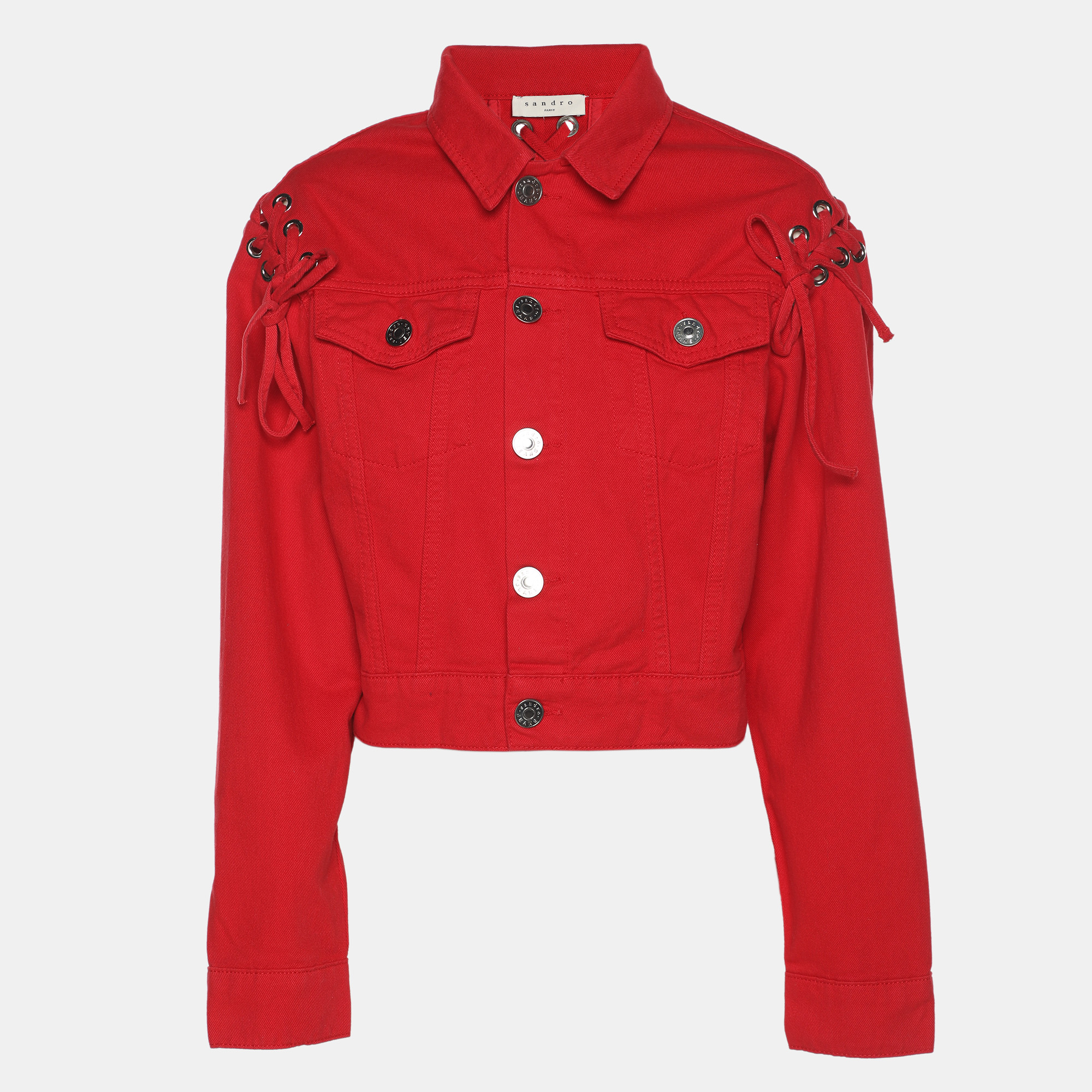 

Sandro Red Denim Button Front Lace-Up Detail Jacket M