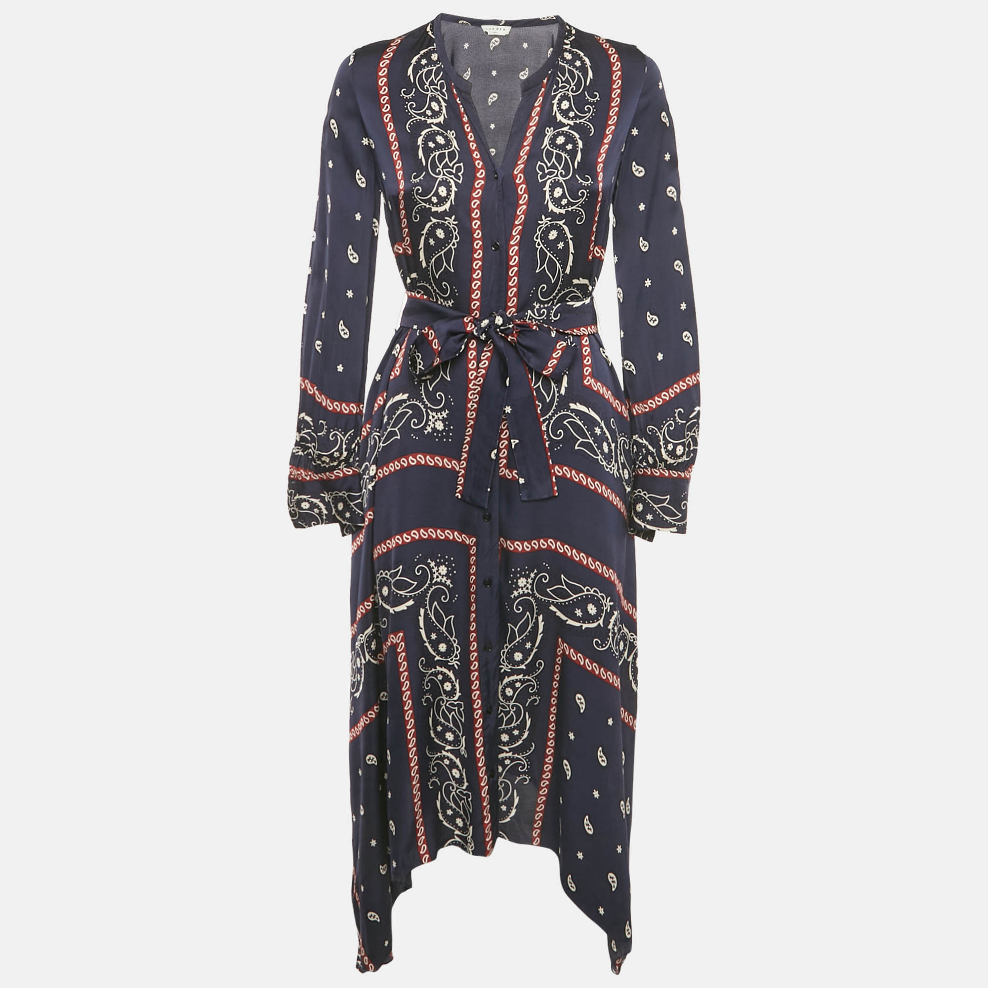 

Sandro Blue Bandana Print Satin Asymmetric Midi Dress XS