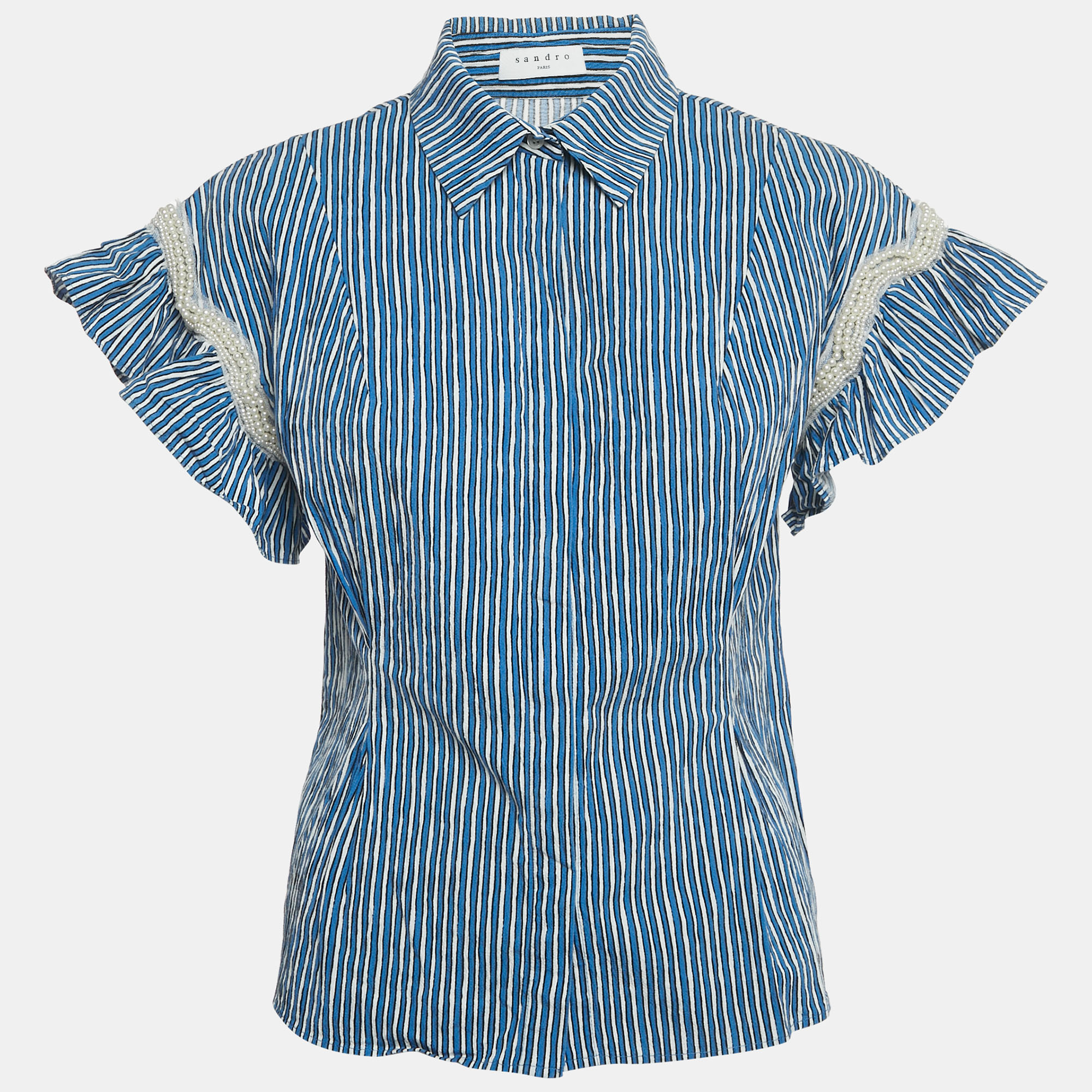 Pre-owned Sandro Blue/ White Striped Embellished Trim Cotton Erine Shirt M