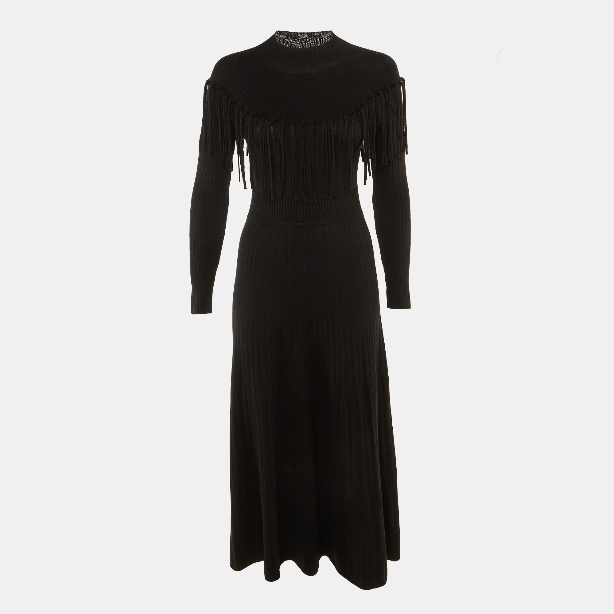 Pre-owned Sandro Black Wool Knit Janis Fringed Long Sweater Dress S
