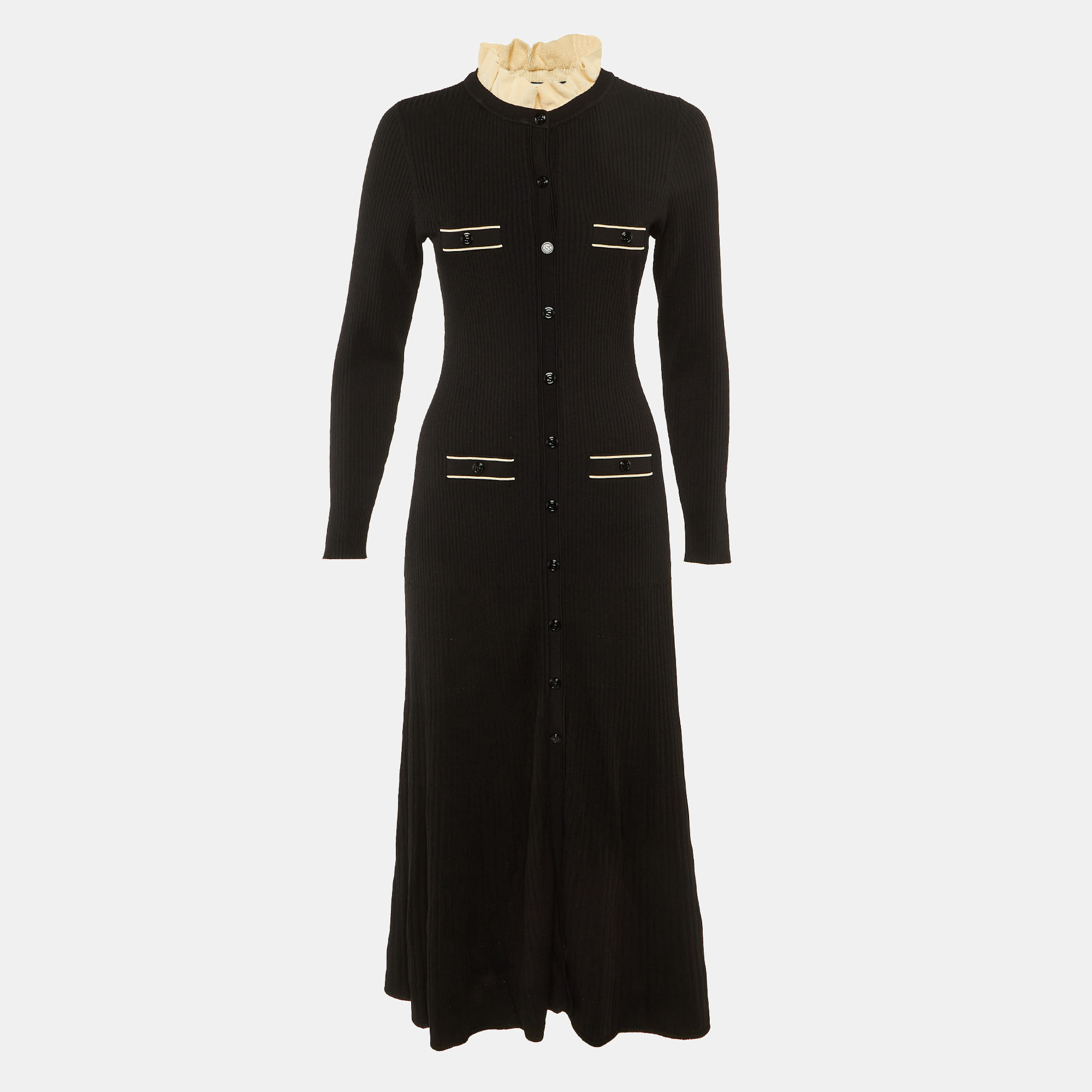 Pre-owned Sandro Black Rib Knit Button Front Long Dress M