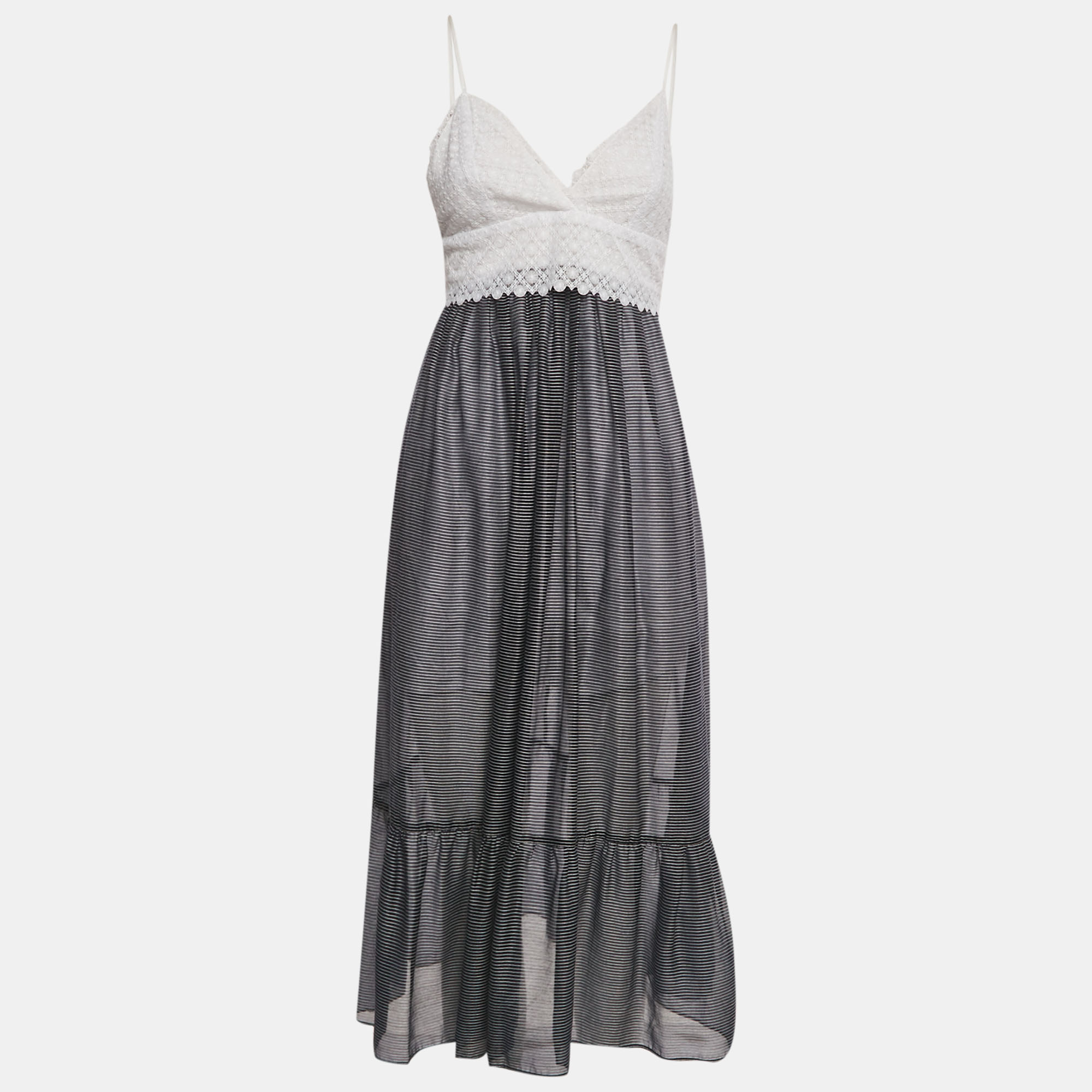 

Sandro White /Navy Blue Striped Lace & Crepe Midi Dress M