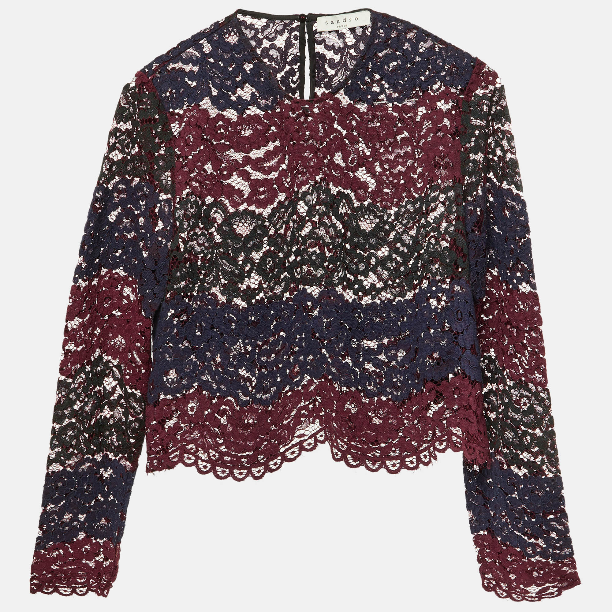 SANDRO Pre-owned Maroon Floral Lace Scalloped Crop Top M In Burgundy