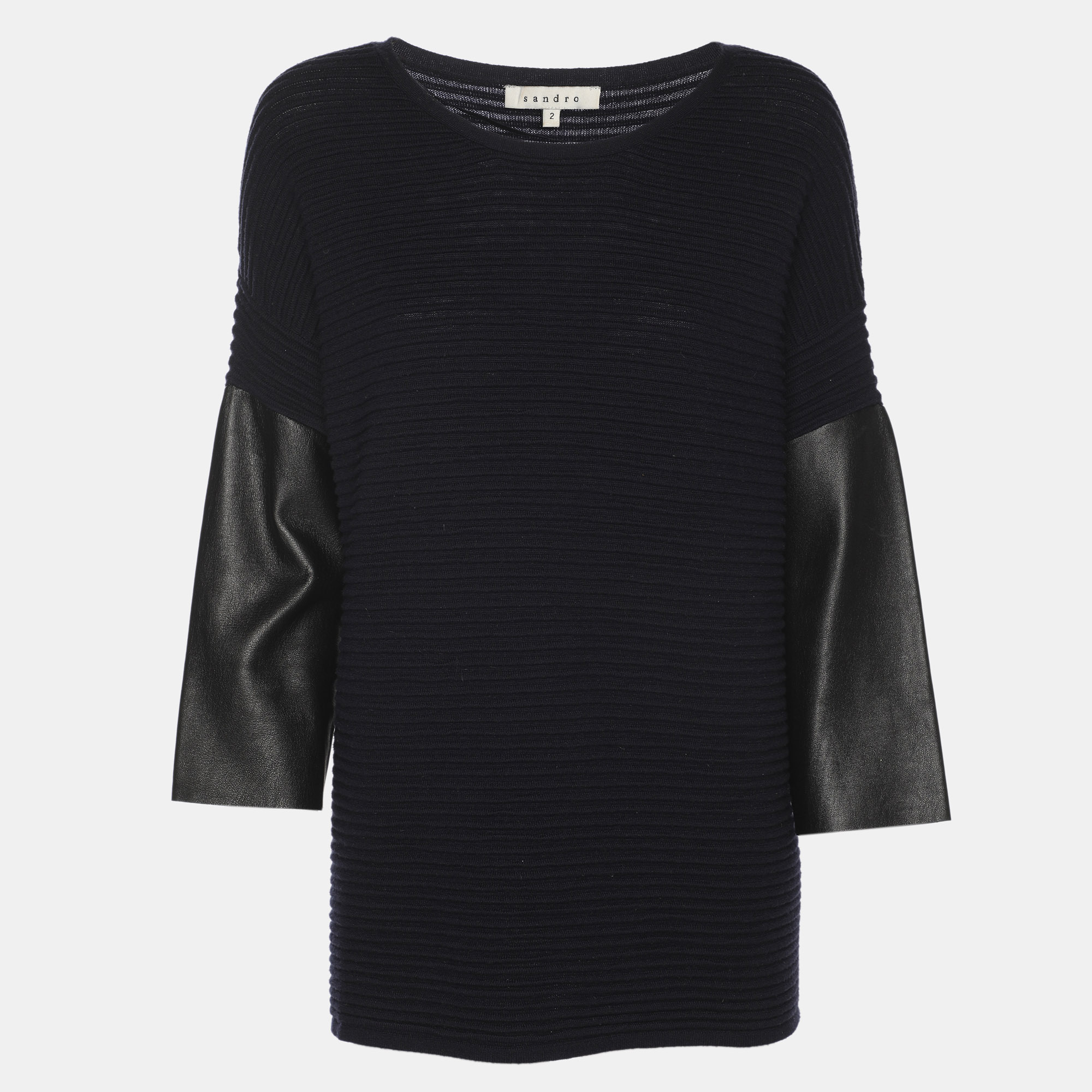 Pre-owned Sandro Navy Blue/black Rib Knit And Leather Tops S