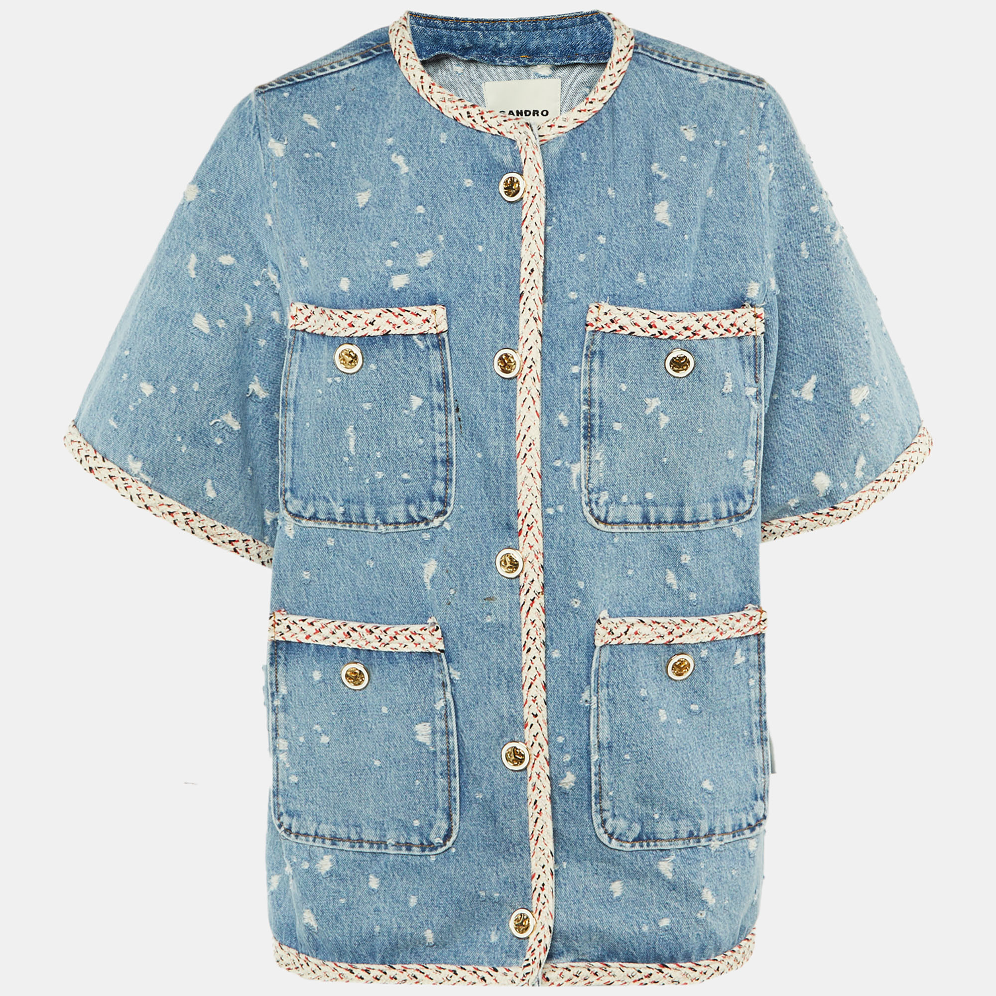 Pre-owned Sandro Blue Distressed Denim Braid Trim Jacket Xl