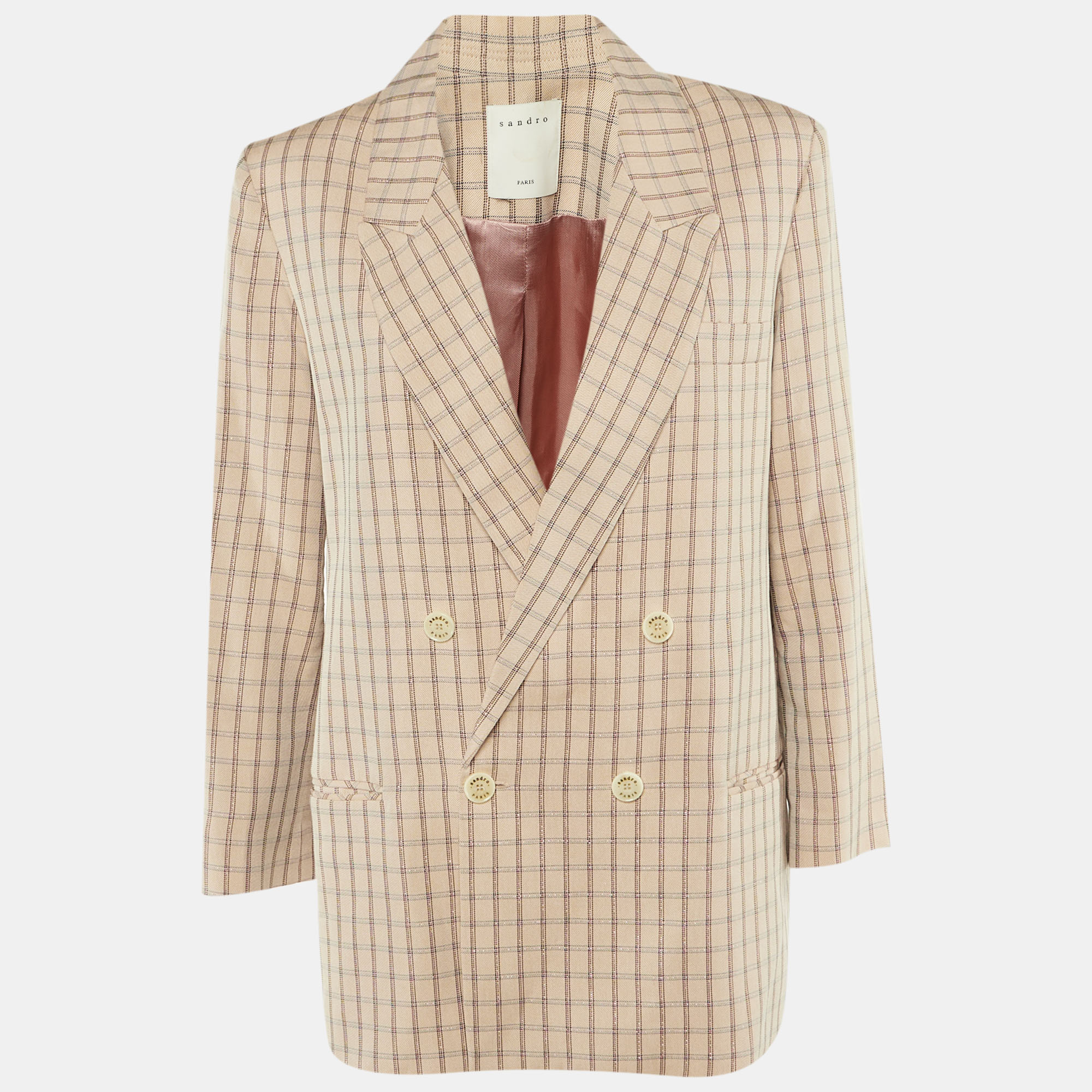 Pre-owned Sandro Beige Checkered Print Lurex Crepe Danube Blazer L In Sand