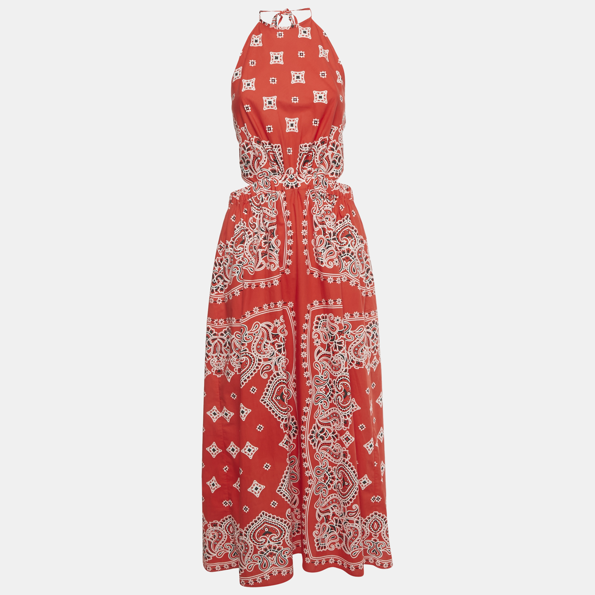 Pre-owned Sandro Red Bandana Print Cotton Halter Neck Maxi Dress M