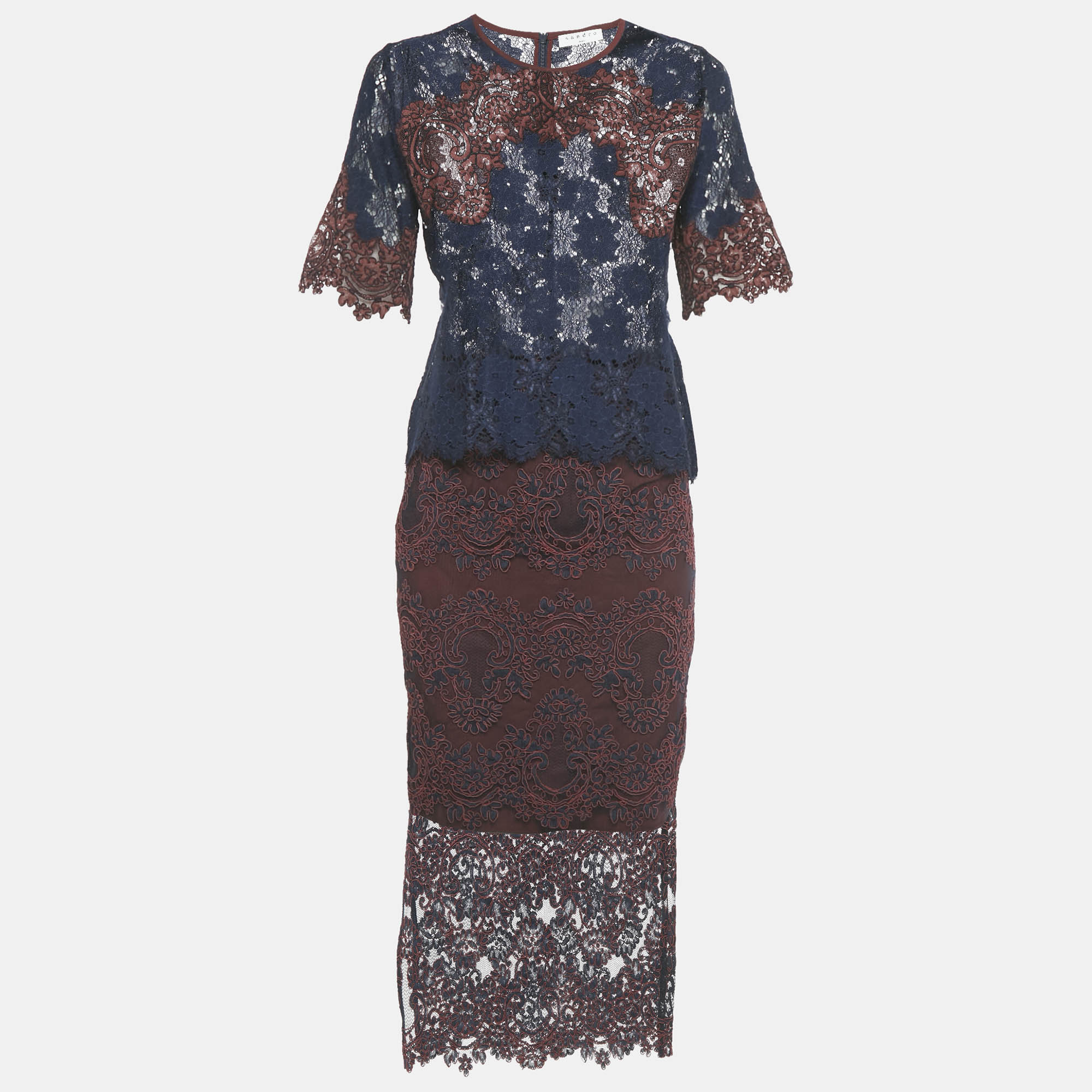 

Sandro Navy Blue /Burgundy Lace Top & Skirt Set S