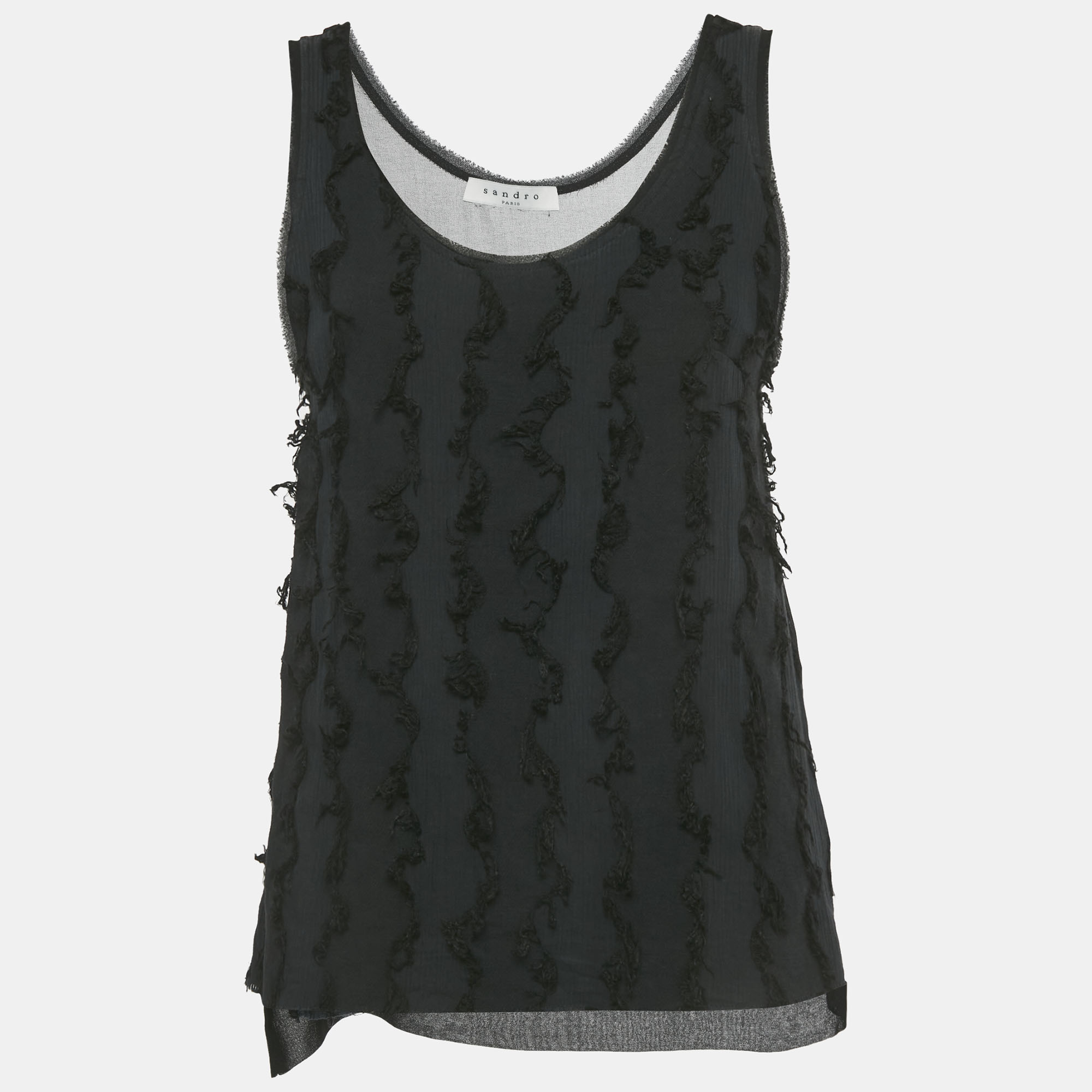 Pre-owned Sandro Black Rib Knit Frayed Detail Tank Top S