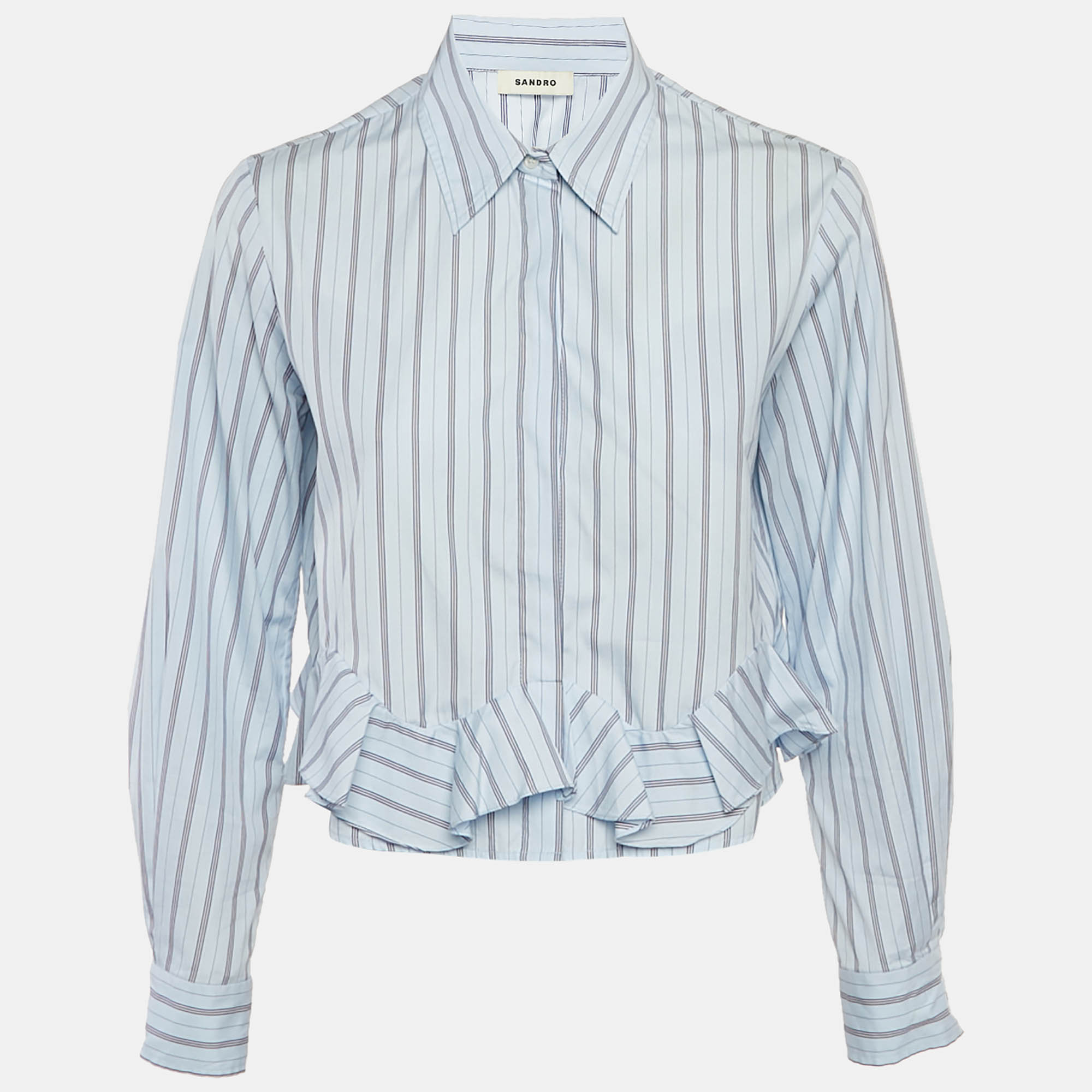 Click to view more detailed imagery on our partner's website Pre-owned Sandro Blue Striped Cotton Ruffled Hem Cropped Shirt S