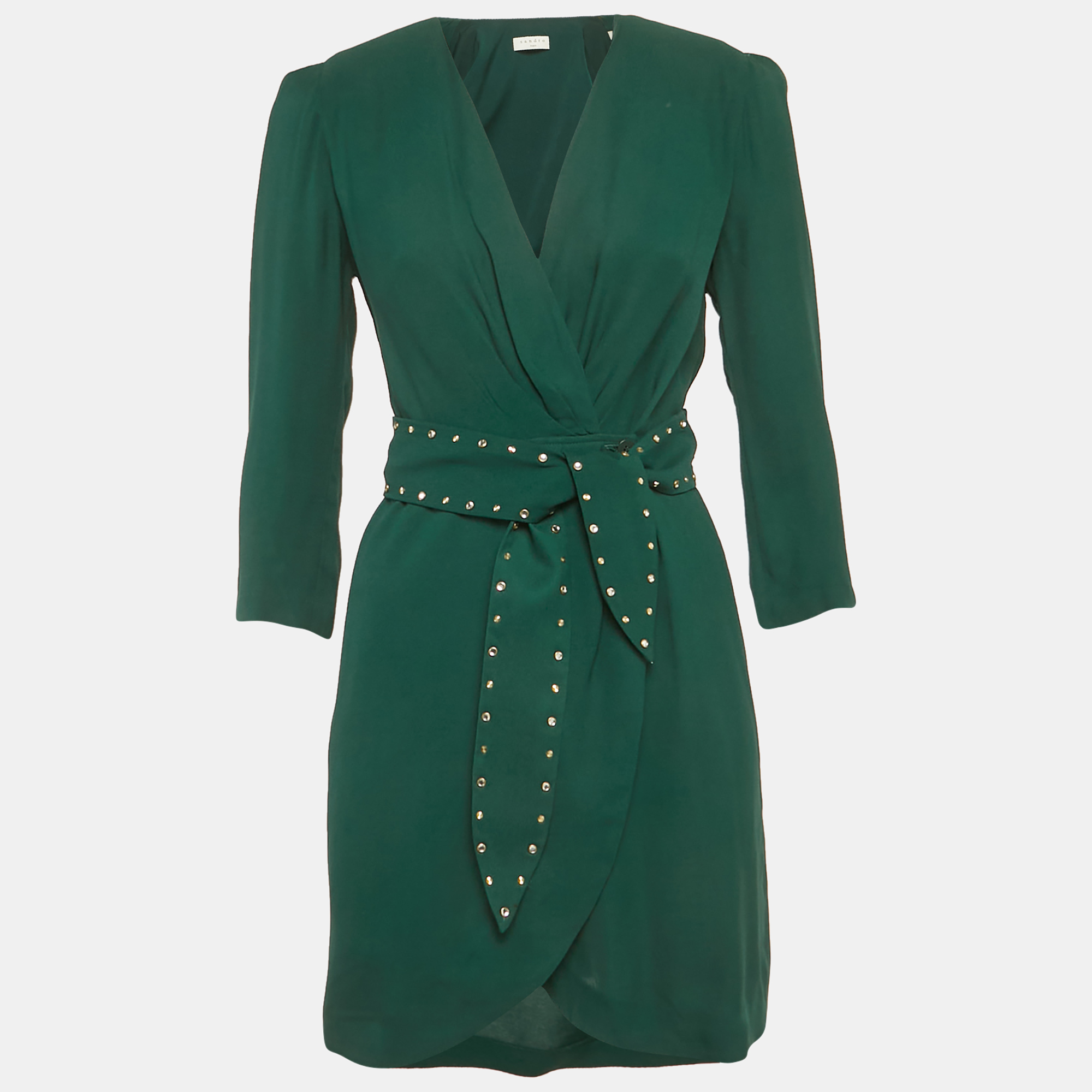 

Sandro Green Crepe Embellished Trim Wrap Around Mini Dress XS