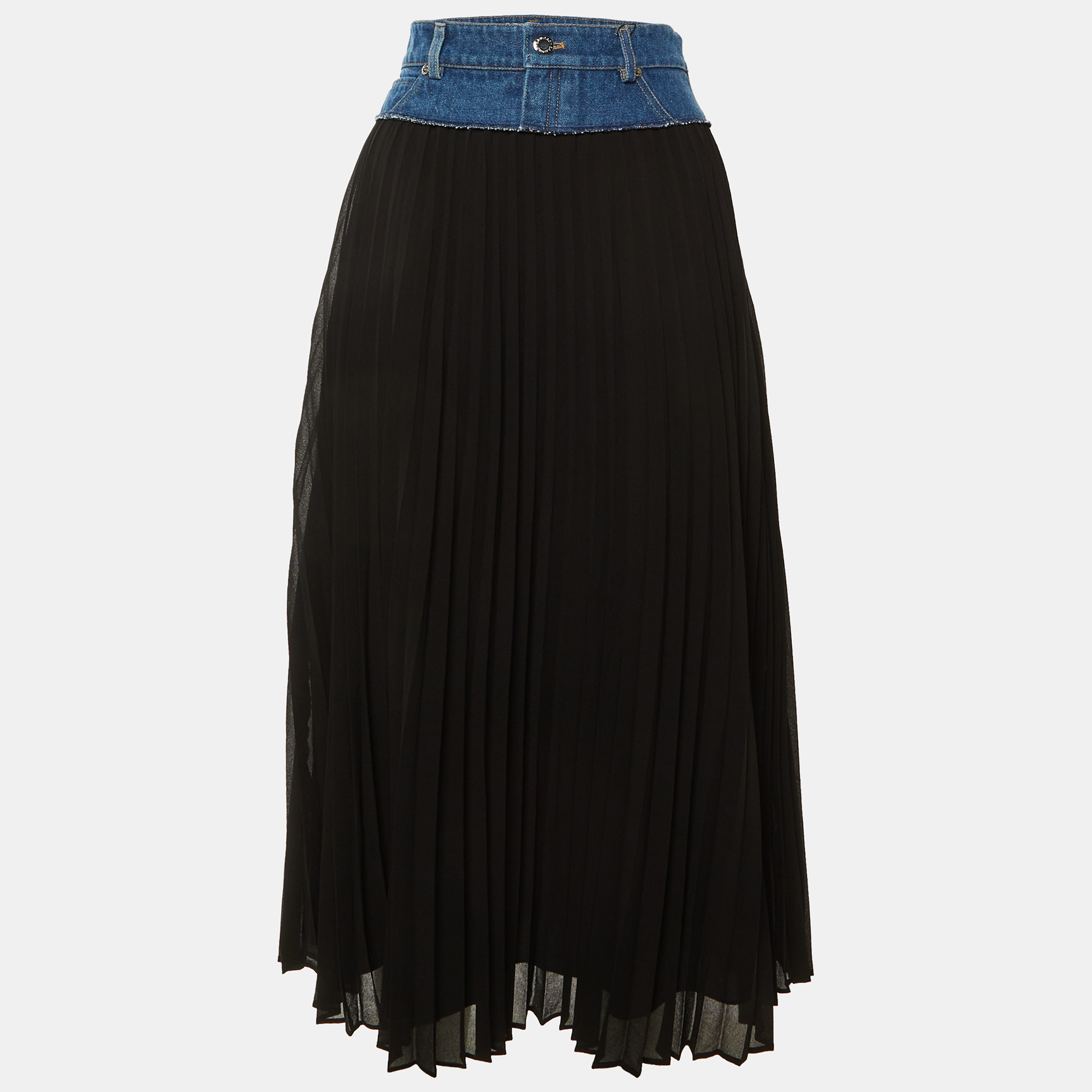 

Sandro Black Crepe & Denim Pleated Midi Skirt M