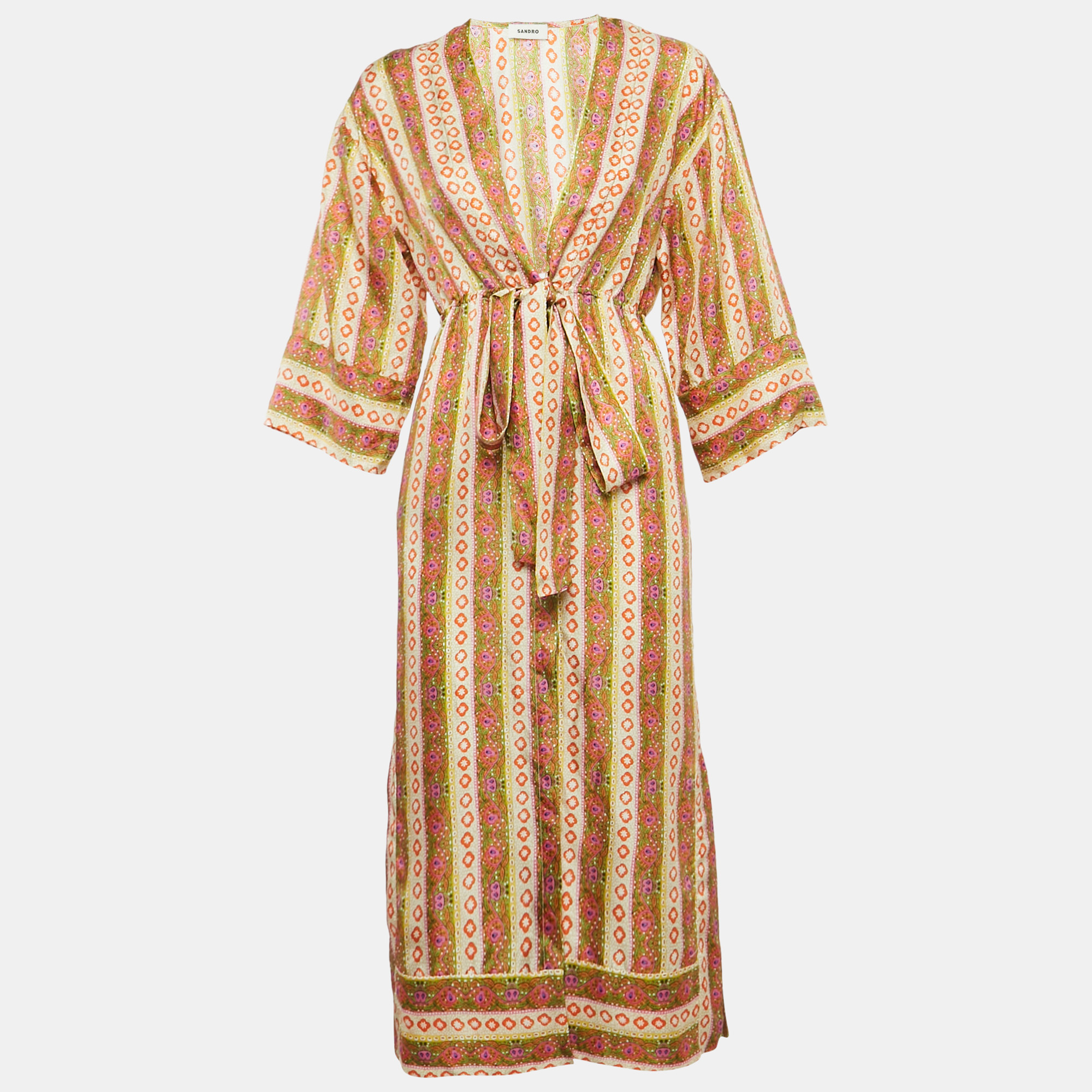 Pre-owned Sandro Multicolor Floral Striped Silk Kaftan Dress S