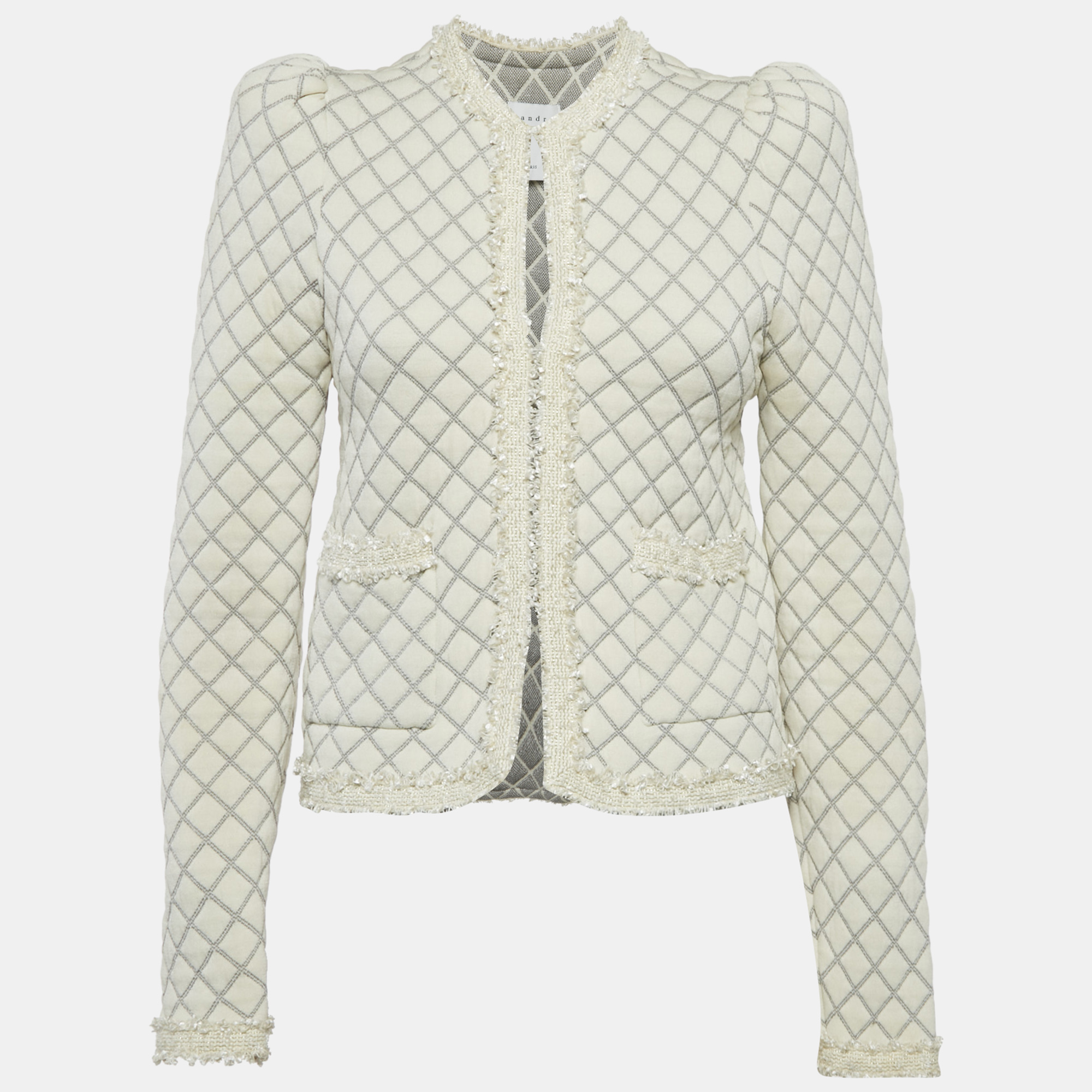 

Sandro Cream Quilted Effect Knit Hook Front Jacket S