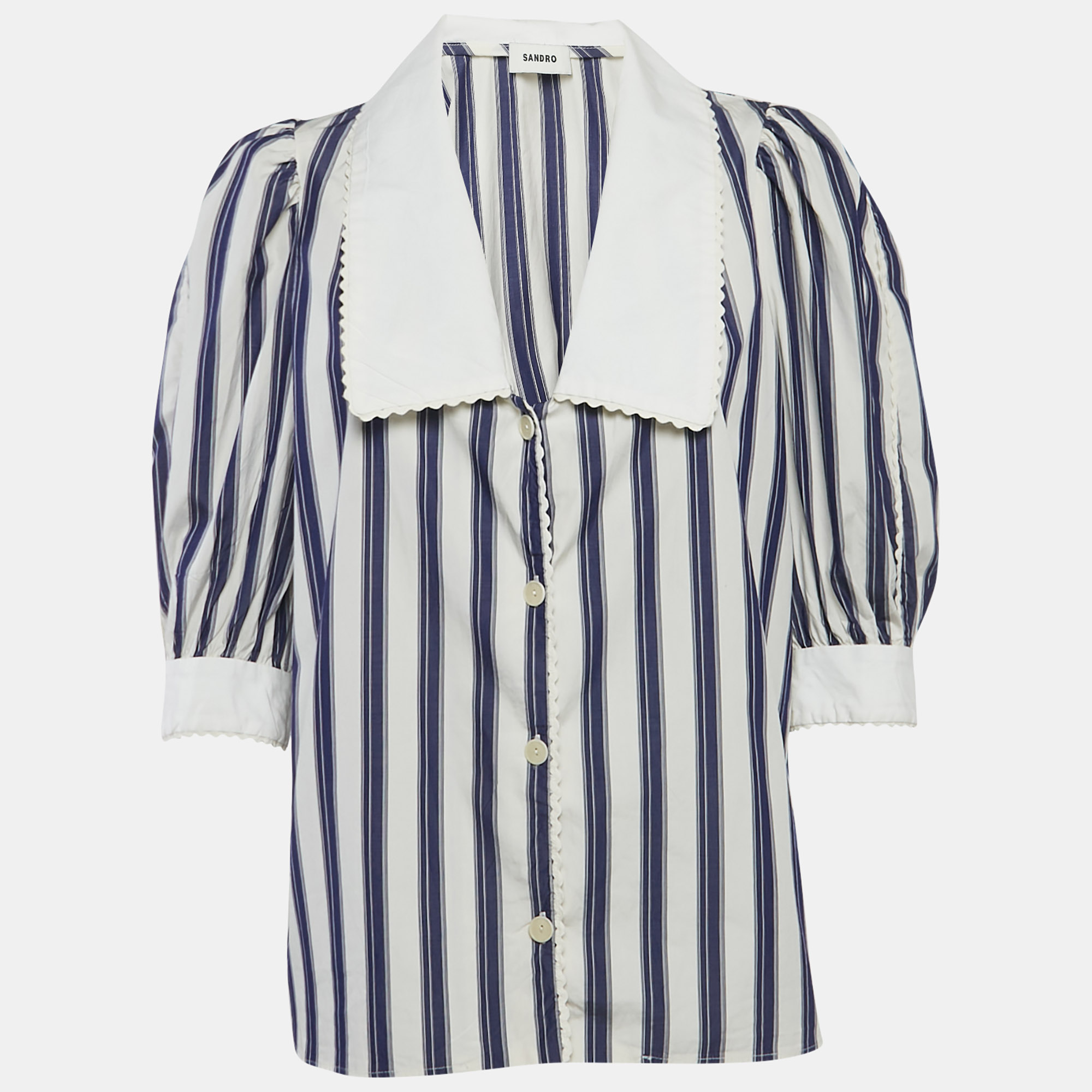 Pre-owned Sandro Blue Stripe Cotton Oversize Collar Chiara Shirt L