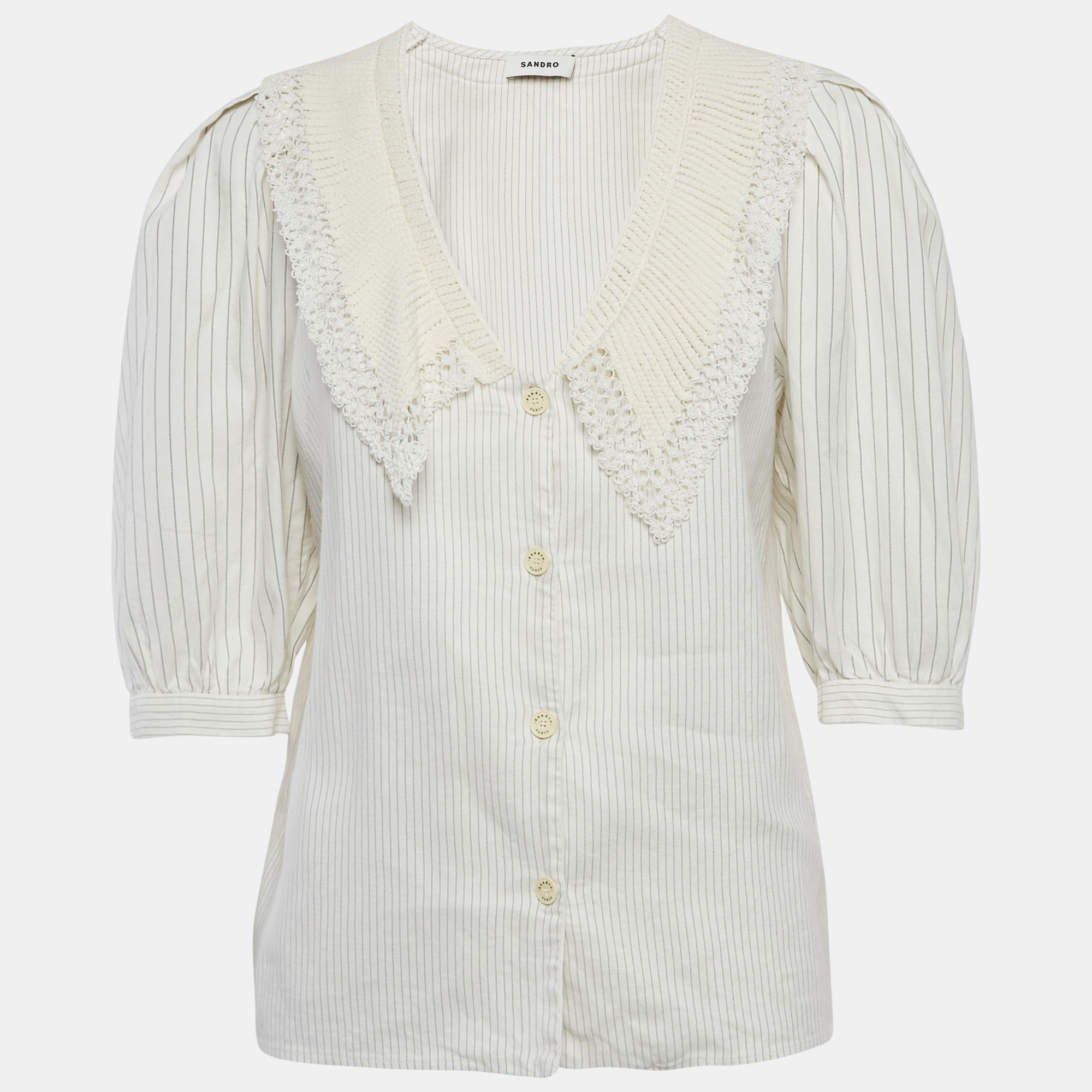 Pre-owned Sandro White Striped Linen Blend Crochet Collar Shirt M