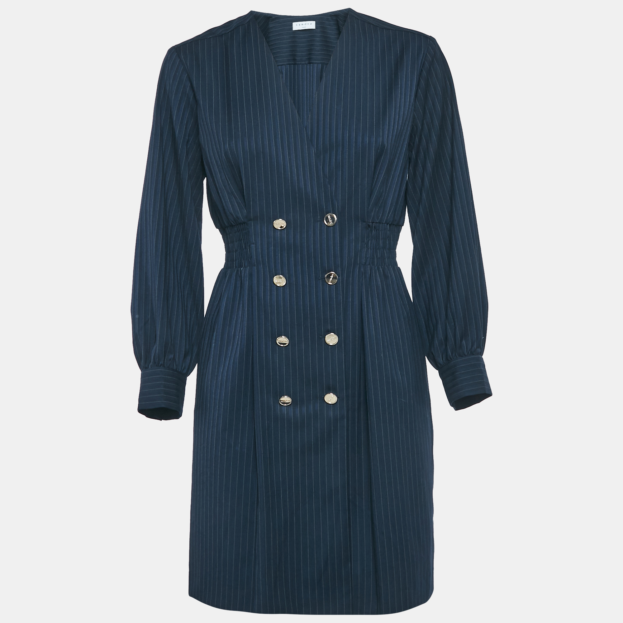 Pre-owned Sandro Navy Blue Pinstripe Crepe Tailored Sheath Dress S