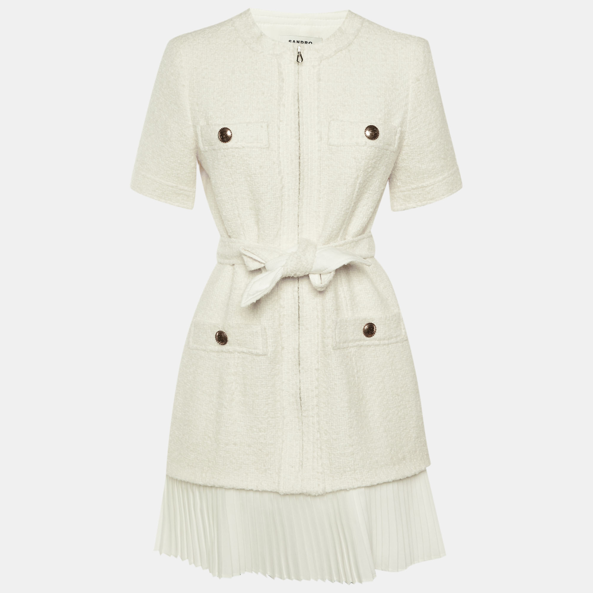 

Sandro White Tweed & Plisse Detail Coat Mini Dress M