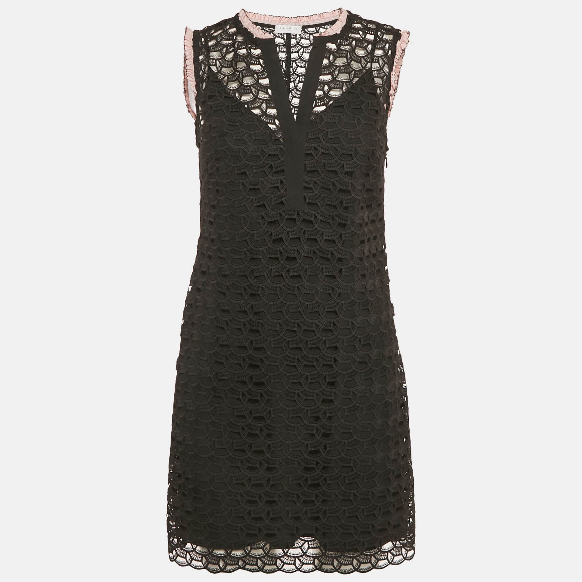 

Sandro Black Lace Contrast Trim Detail Shift Dress M