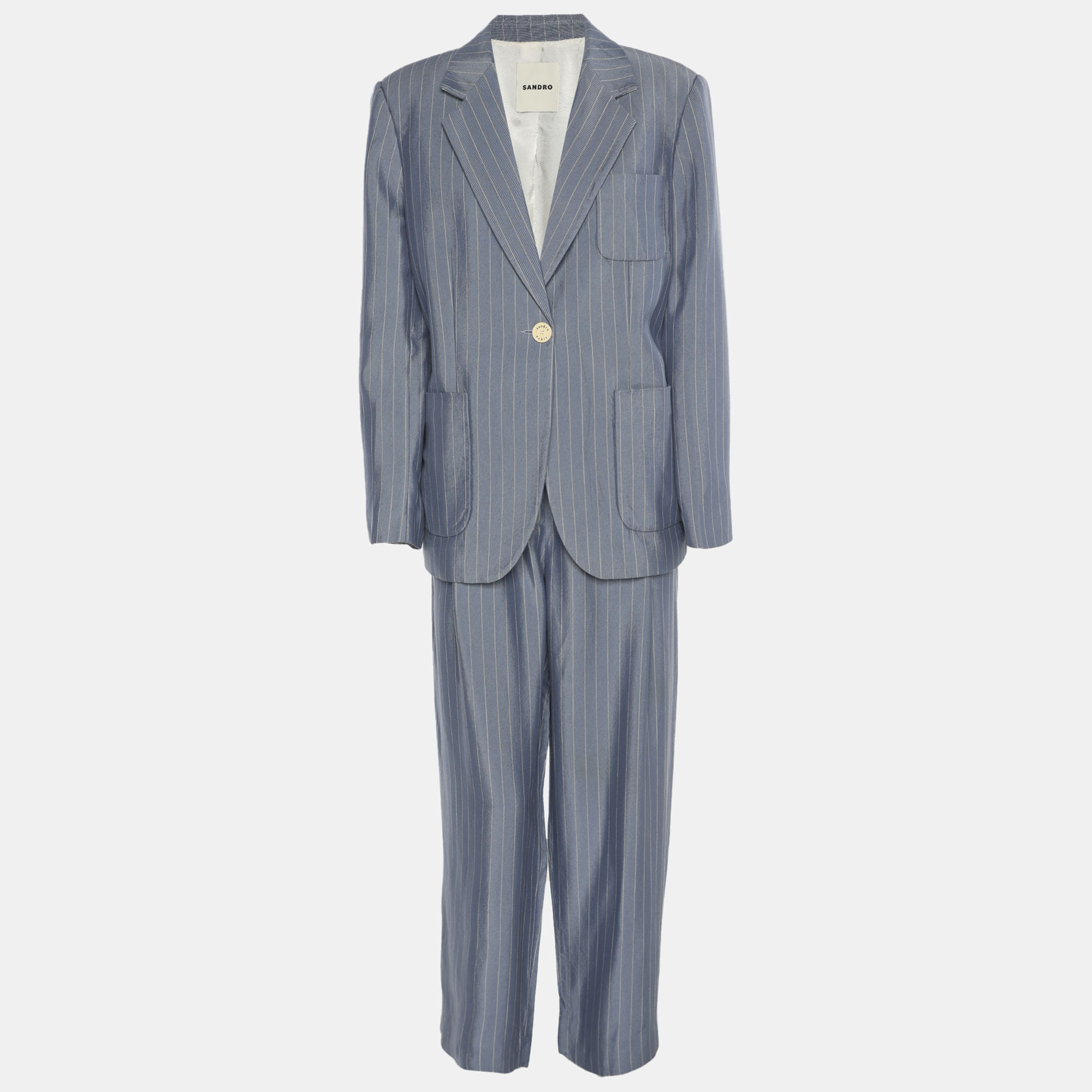 

Sandro Blue Pinstripe Satin Blazer and Pants Set S/M