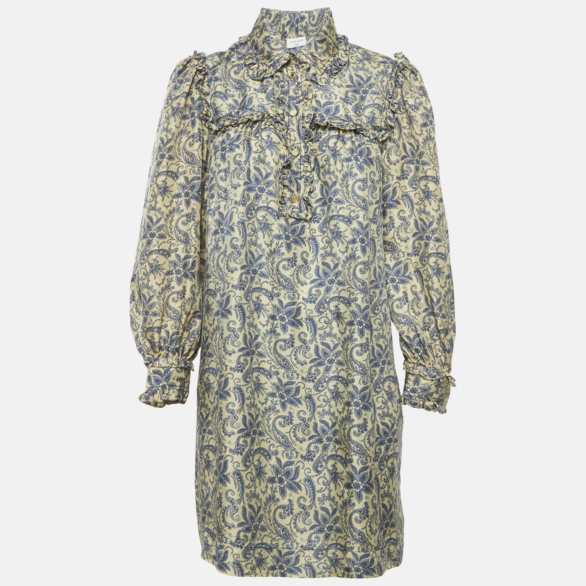 

Sandro Cream Harmonie Print Silk Ruffle Mini Dress S