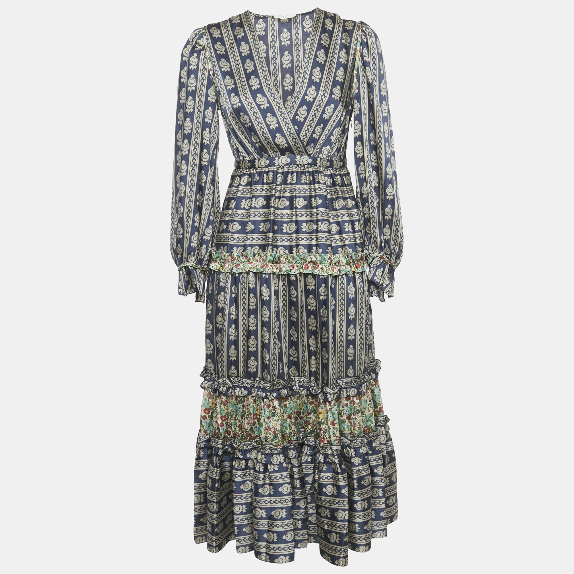

Sandro Navy Blue Floral Print Satin Valentina Ruffled Midi Dress XS