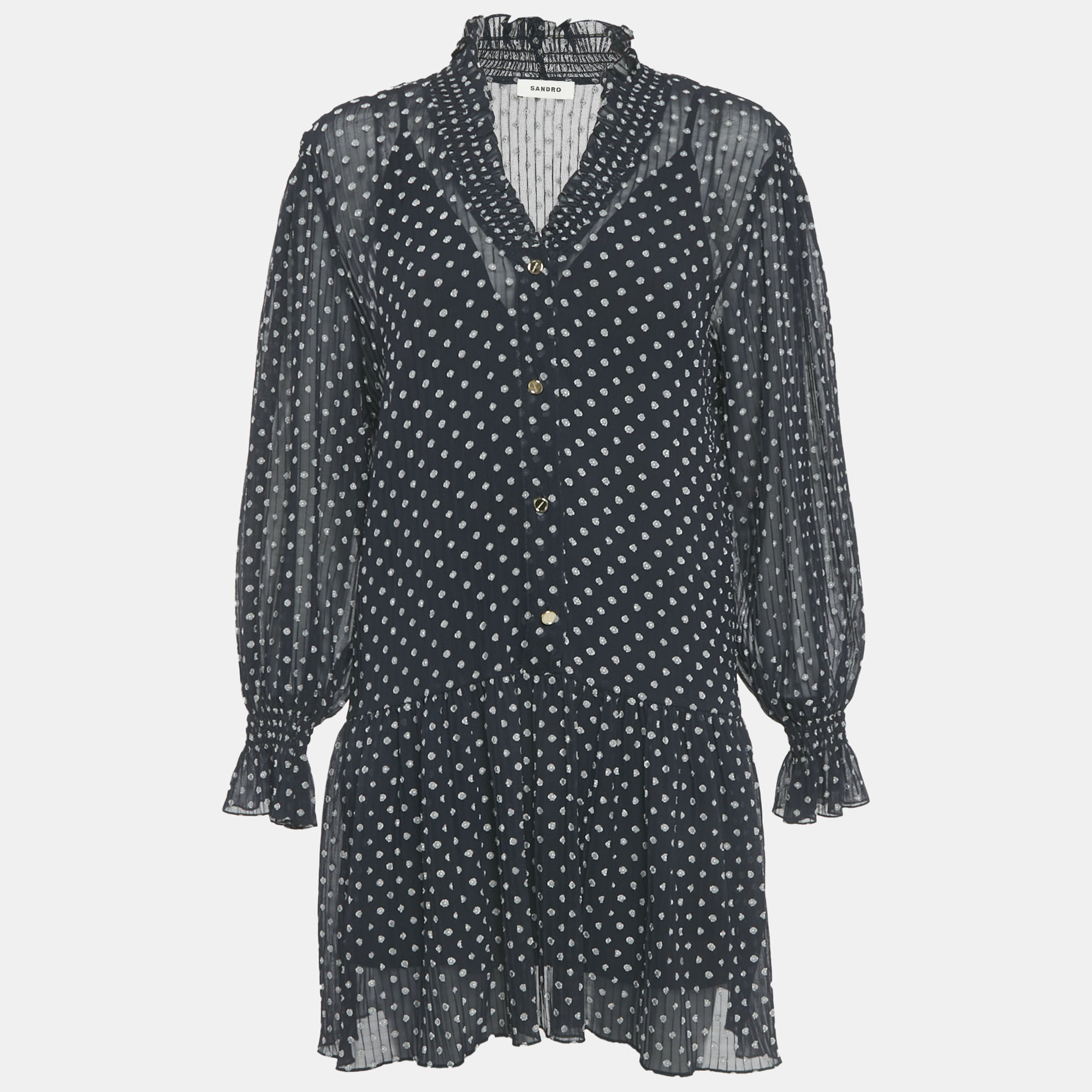 

Sandro Navy Blue Polka-Dot Georgette Fil Coupé Mini Dress M